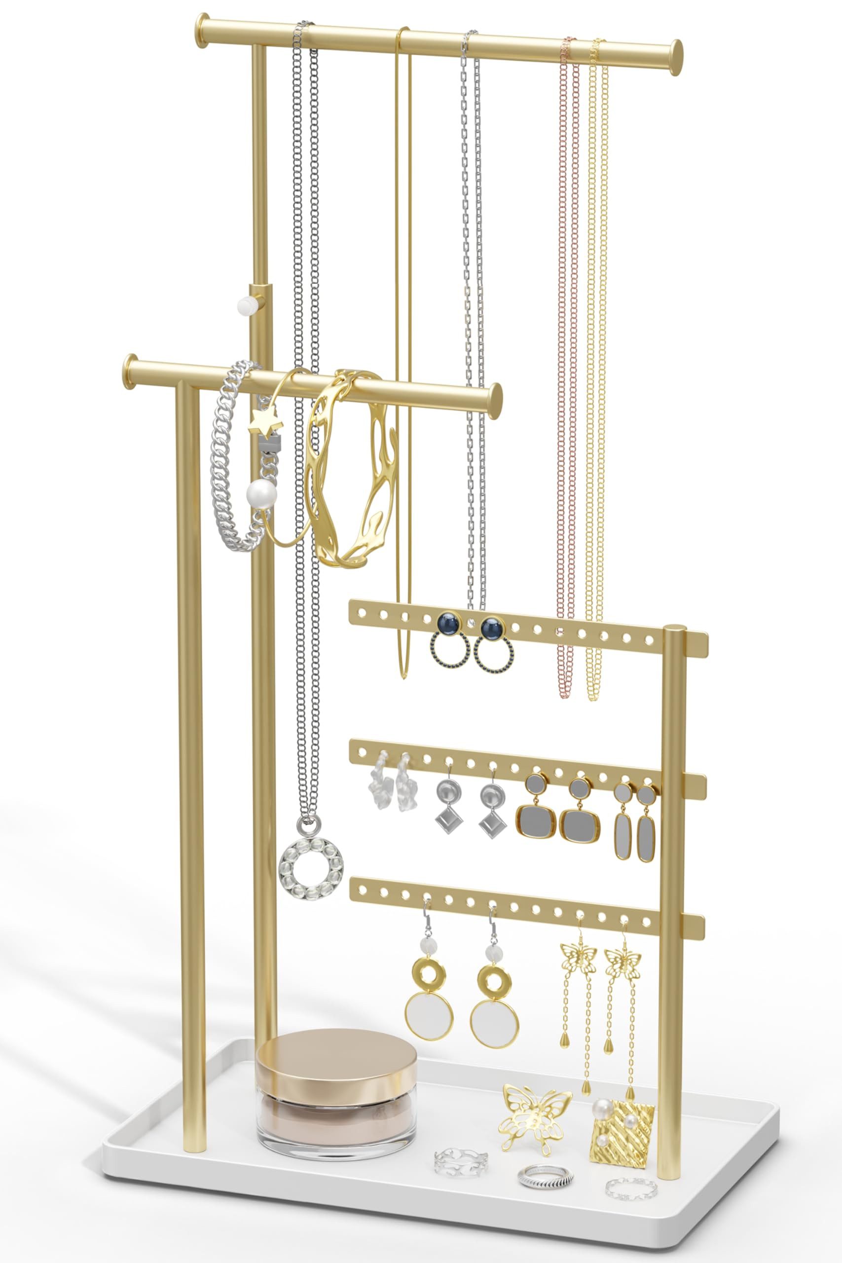 SURFOU Schmuckständer Schmuckständer 3 Ebenen Metall Holz Schmuck Organizer Verstellbar (Schmucktablett, Schmuckhalter, Schmuckaufbewahrung, ausziehbarer Kettenhalter für Ringe Ohrringe Ketten Armbänder, 1 St), 3-stufiges Design, Höhenverstellbar bis ca. 32 cm, Drehbare T-Stangen
