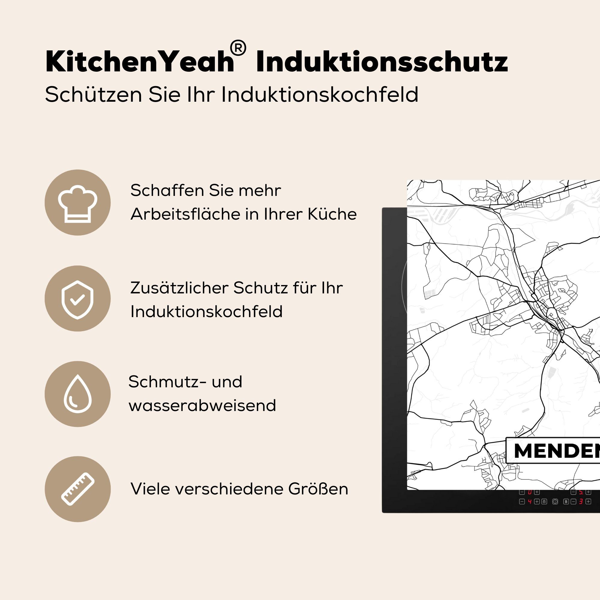 Ceranfeldabdeckung, Stadtplan Menden Vinyl, tlg), Arbeitsplatte Herdblende-/Abdeckplatte küche für 78x78 - MuchoWow - cm, (1 Karte,