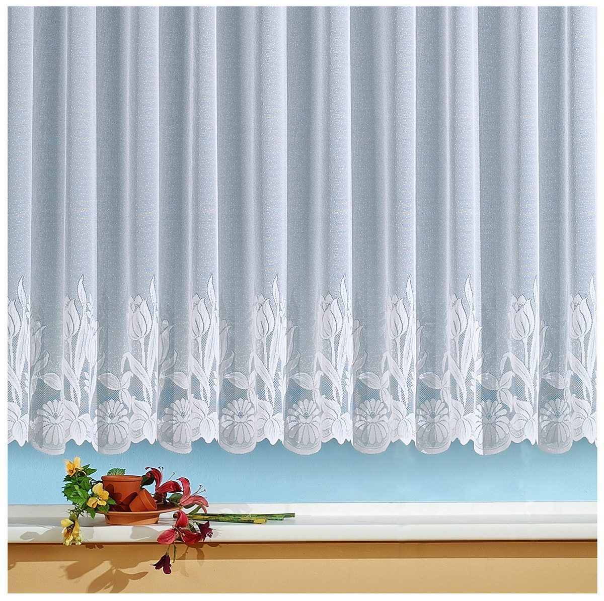 heimtexland Gardine Store Vorhang weiß durchscheinend Blumen Bordüre (1 St), Kräuselband, halbtransparent, Jacquard, handgebogter Borte I Scheibengardine I Kurzstore I Langstore