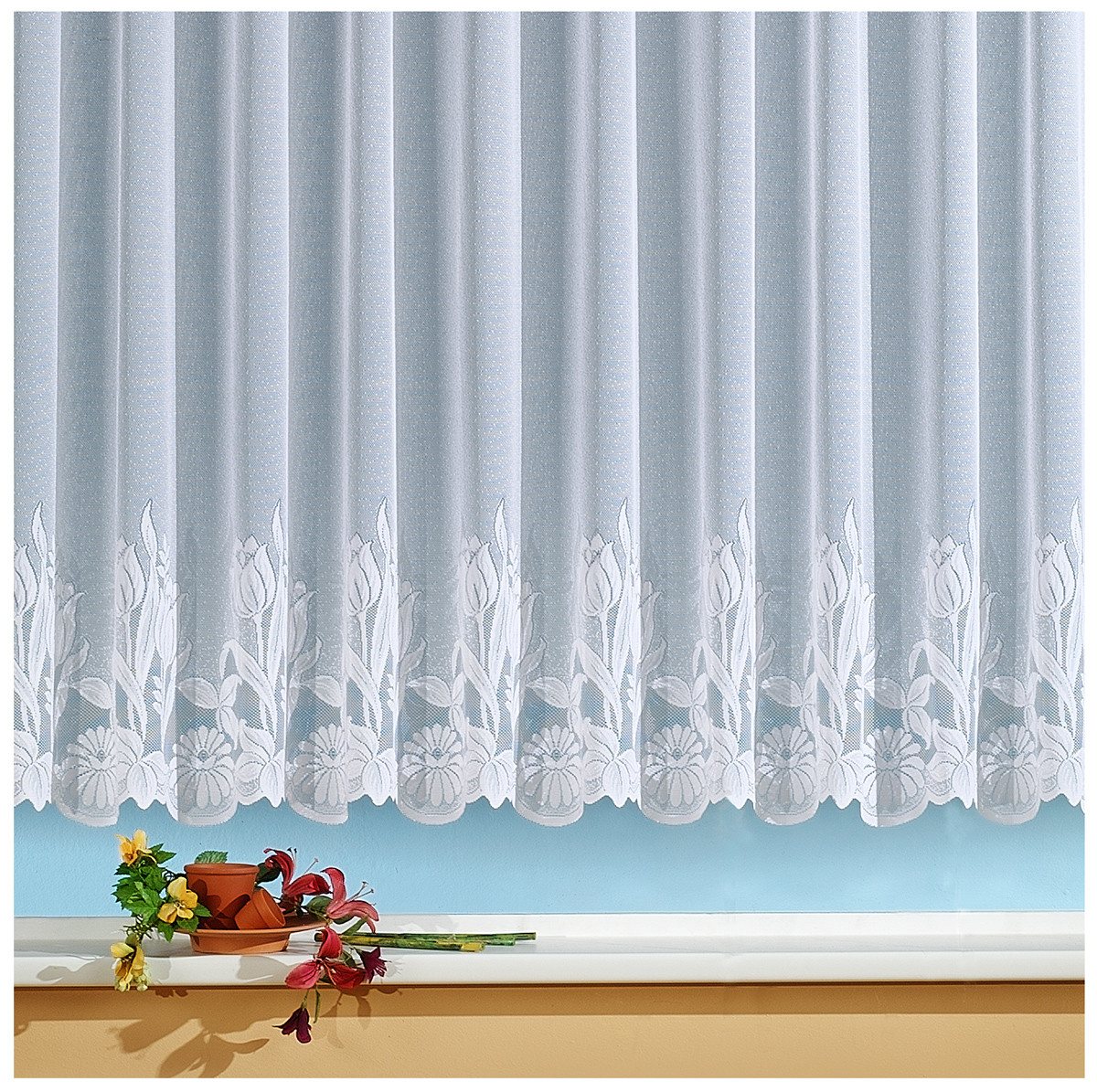 heimtexland Gardine Store Vorhang weiß durchscheinend Blumen Bordüre (1 St), Kräuselband, halbtransparent, Jacquard, handgebogter Borte I Scheibengardine I Kurzstore I Langstore