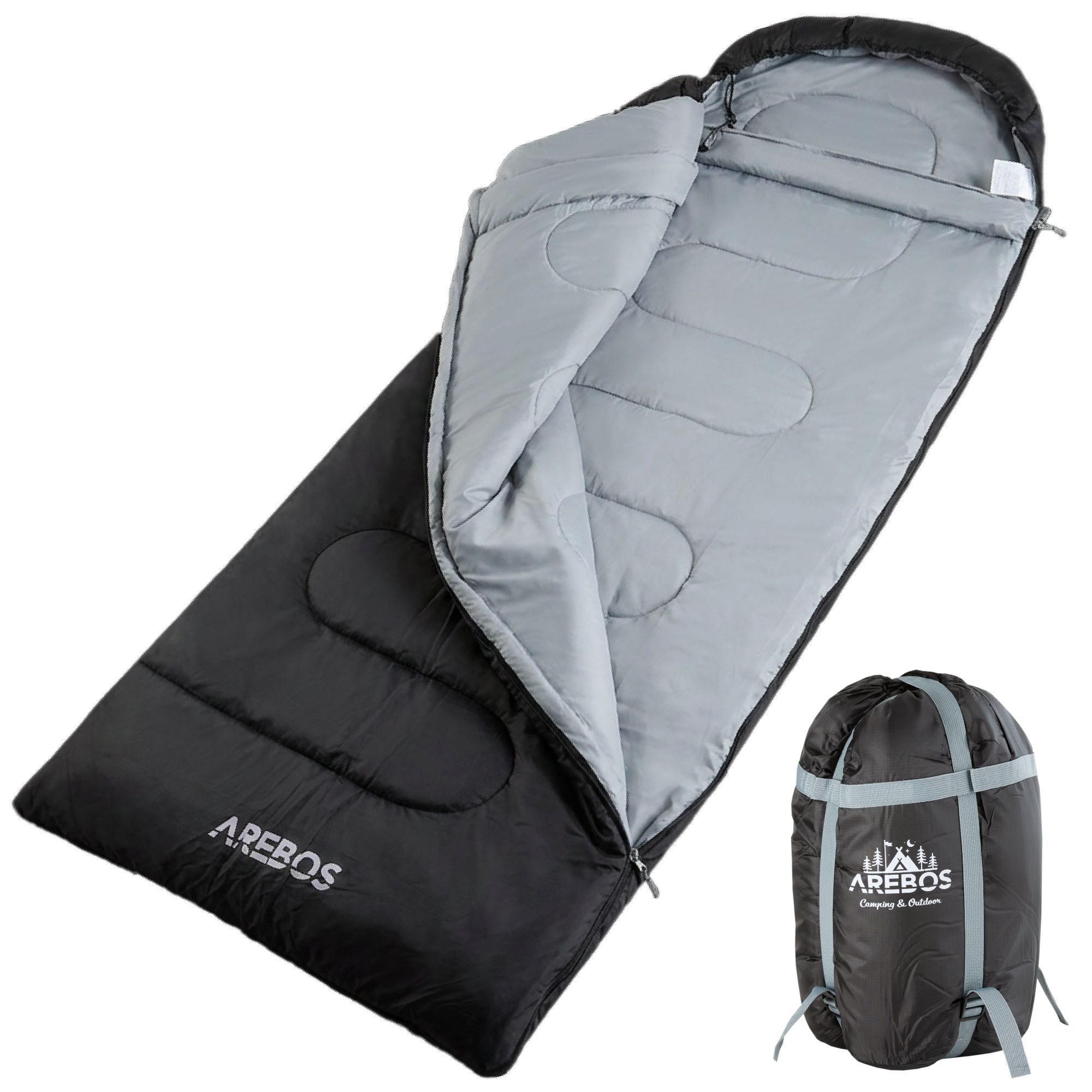 Arebos Schlafsack 220x83 cm Camping Outdoor 5-25°C Schwarz (Schlafsack), SBS-2-Wege-Reißverschluss, Kompressionsbeutel, verstellbare Kapuze