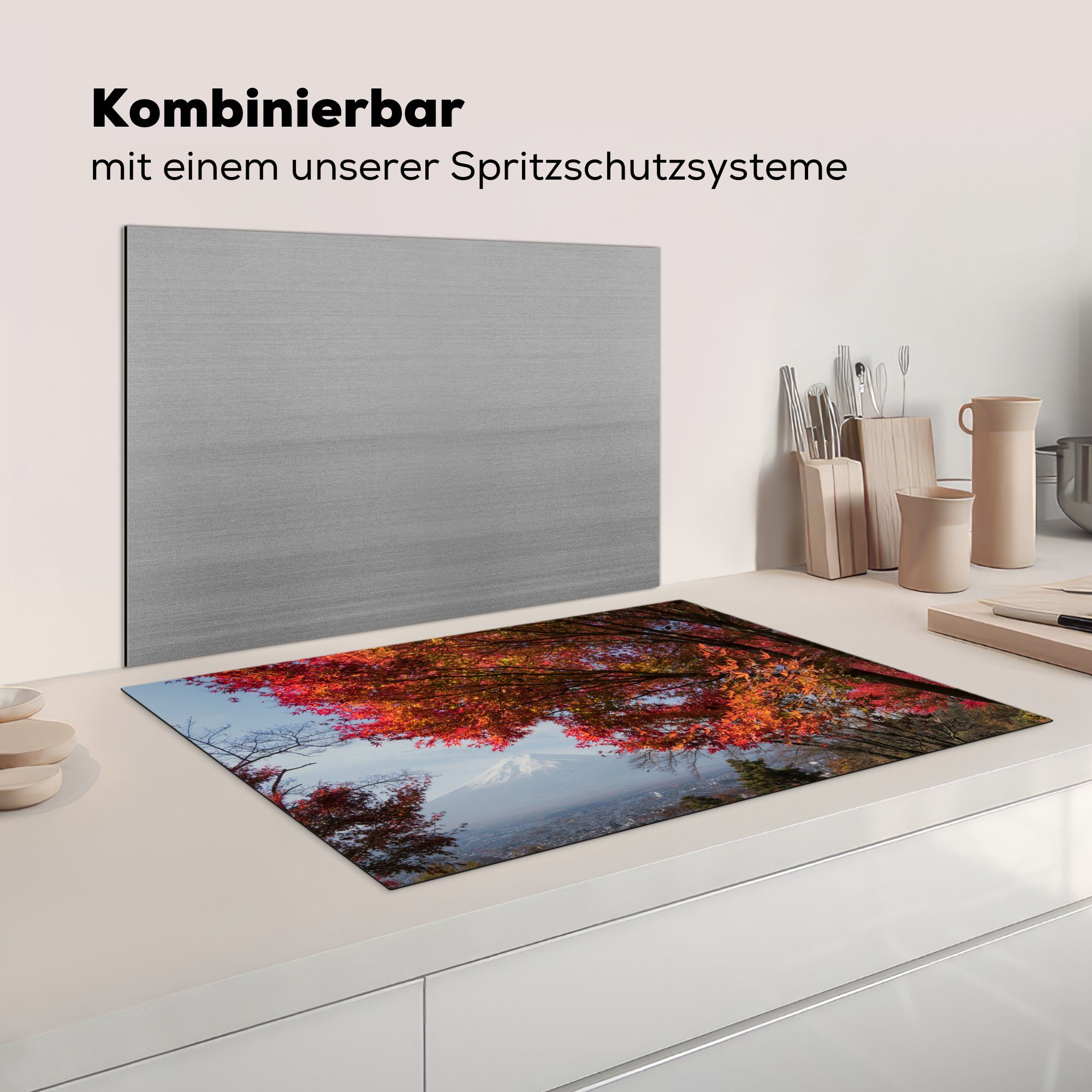 MuchoWow Herdblende-/Abdeckplatte Berg mit Induktionskochfeld für (1 roten 81x52 Vinyl, Ceranfeldabdeckung tlg), küche, die Schutz einem cm, Fidschi Ahornbaum