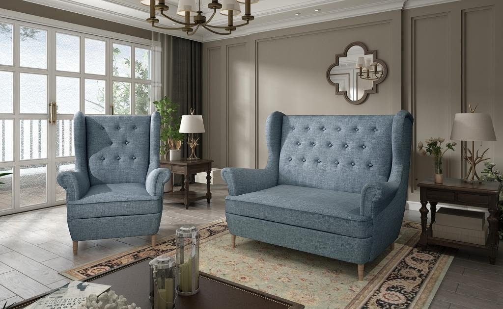 Couch Polster 2+1 Stoff JVmoebel Sofa Wohnzimmer-Set Sofagarnitur Blau Chesterfield Graue Sitzer