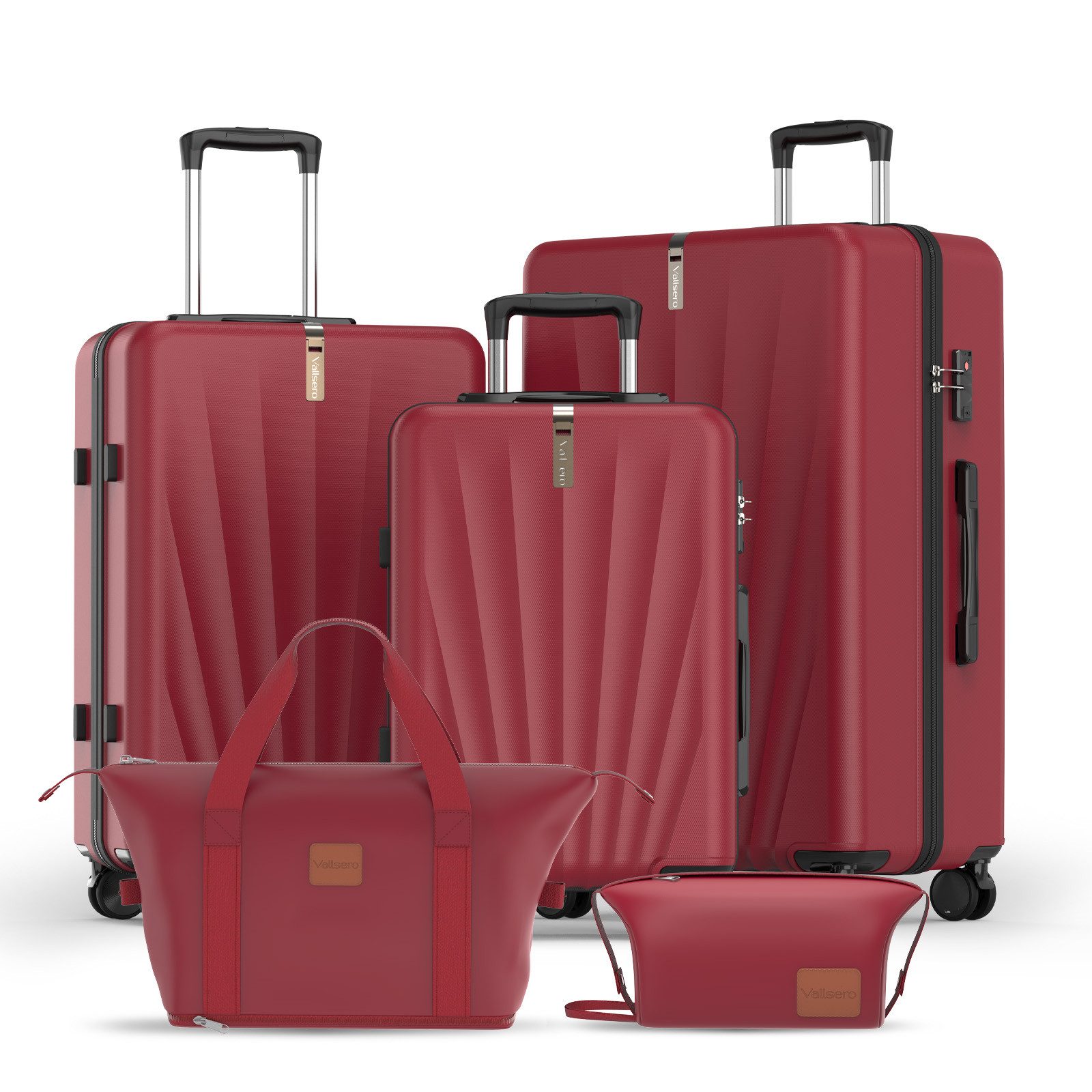 VALLSERO Trolleyset M-L-XL-Set, Gepäck mit Kosmetiktasche, Hartschalen-Koffer, 5-teiliges Set, hochfestes ABS-Gehäuse, 360° geräuschloses Rad