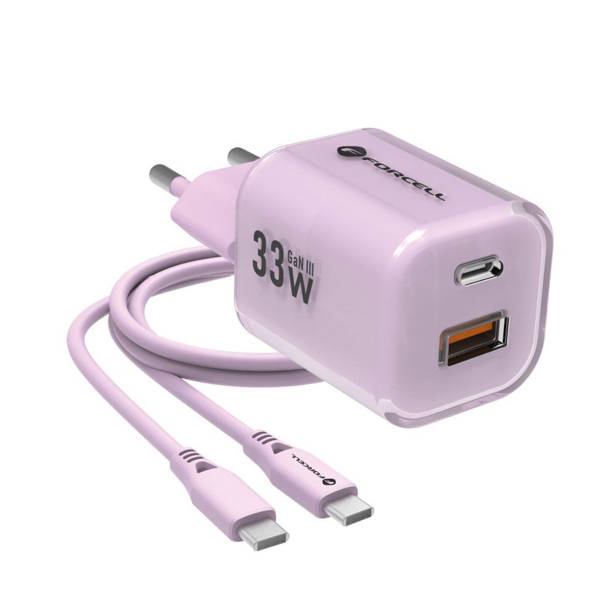 Forcell VT-41 USB-Ladegerät (3300 mA, Ladegerät + USB-C-Silikonkabel, Schnellladefunktion (PD + QC 4.0), GaN III-Technologie)