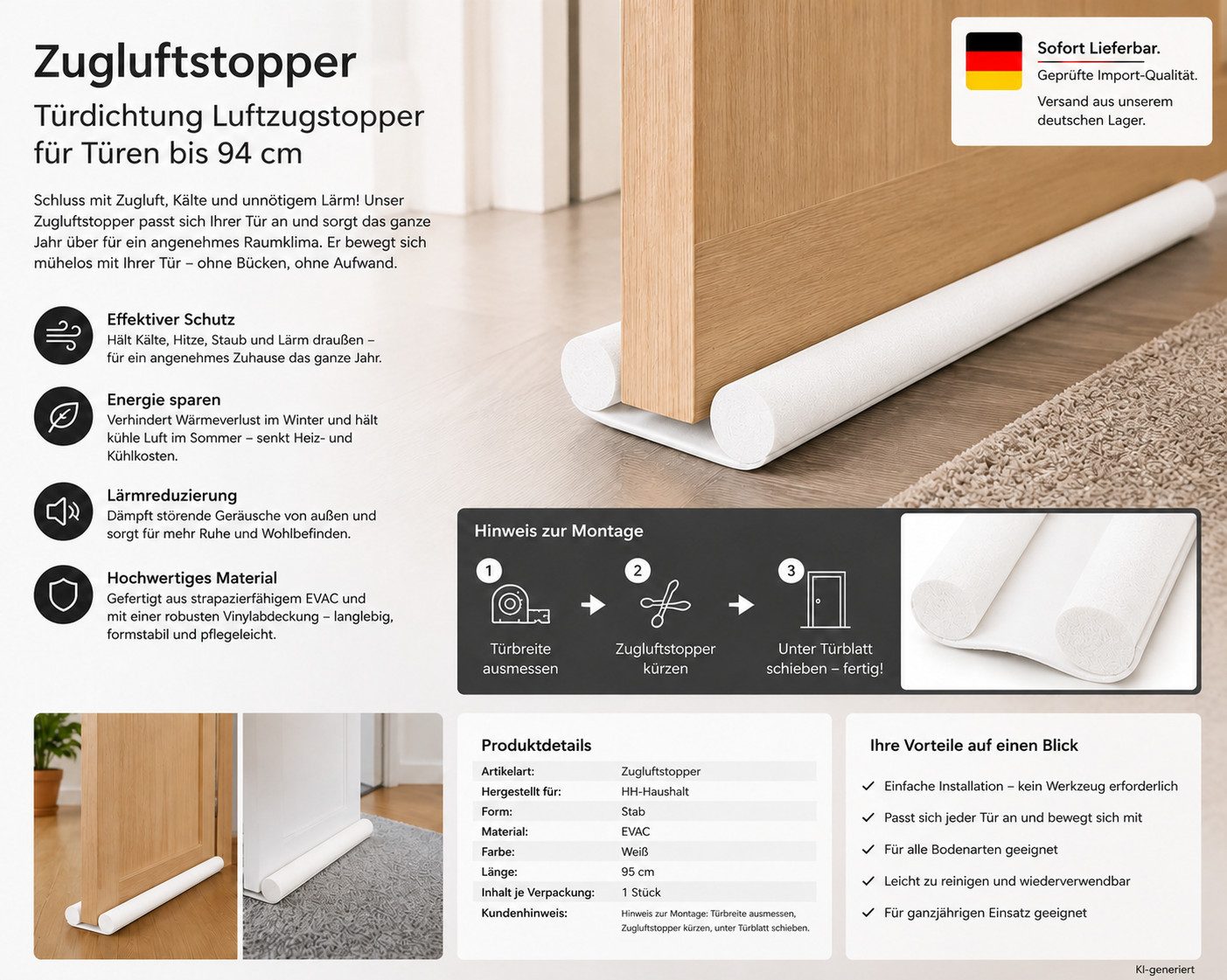 HH-Haushalt Zugluftstopper Zugluftstopper Türdichtung 95 cm Weiß – Luftzugstopper
