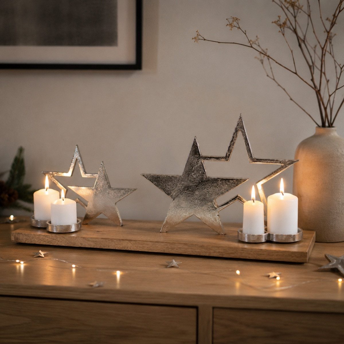 RIFFELMACHER & WEINBERGER Adventsleuchter XL Holz Adventskerzenhalter mit Sternen - Silber 6