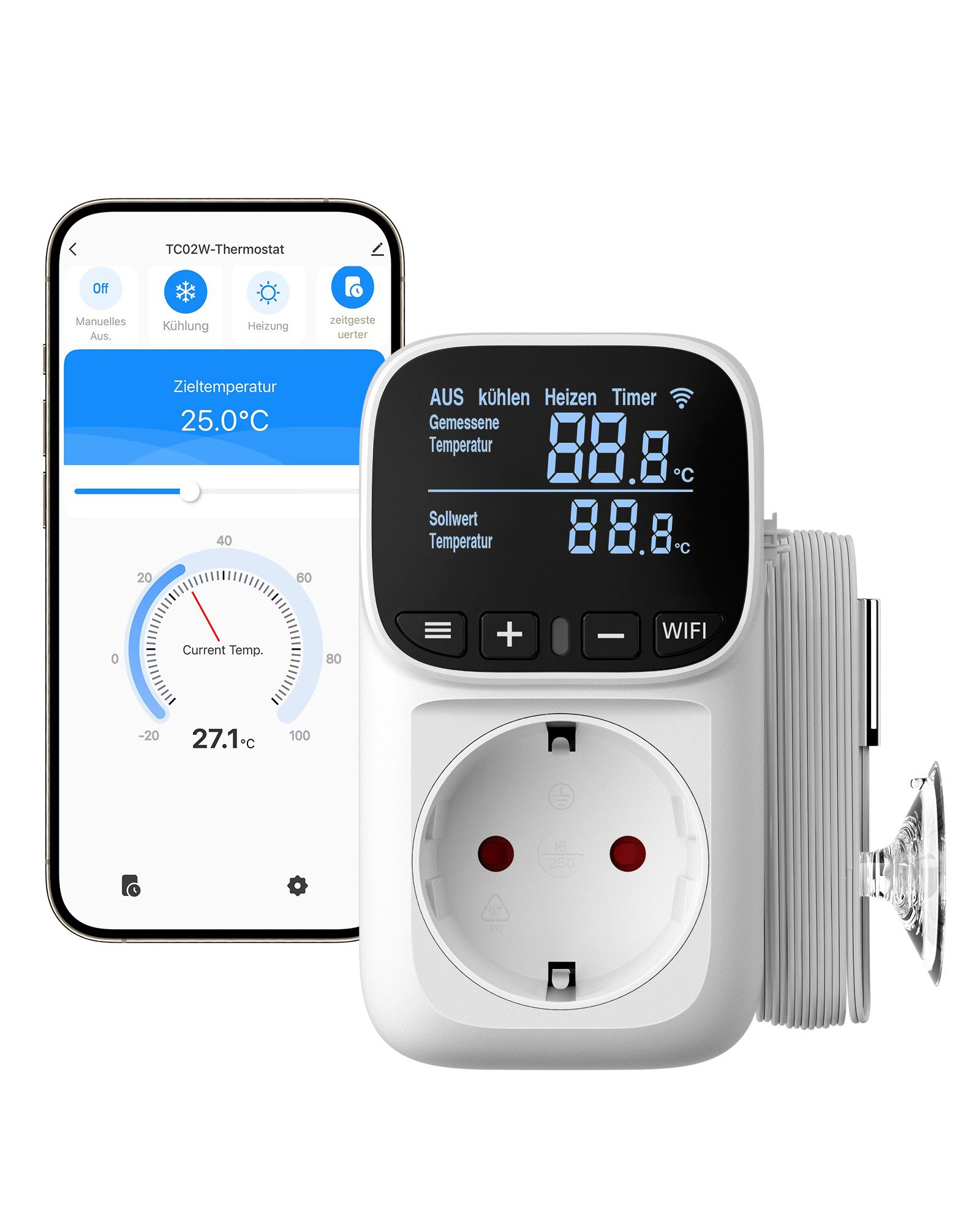DEWENWILS Steckdosen-Thermostat Temperaturregler, Deutsches Display, WiFi Temperaturschalter mit Fühler, App Steuerung, LCD-Display