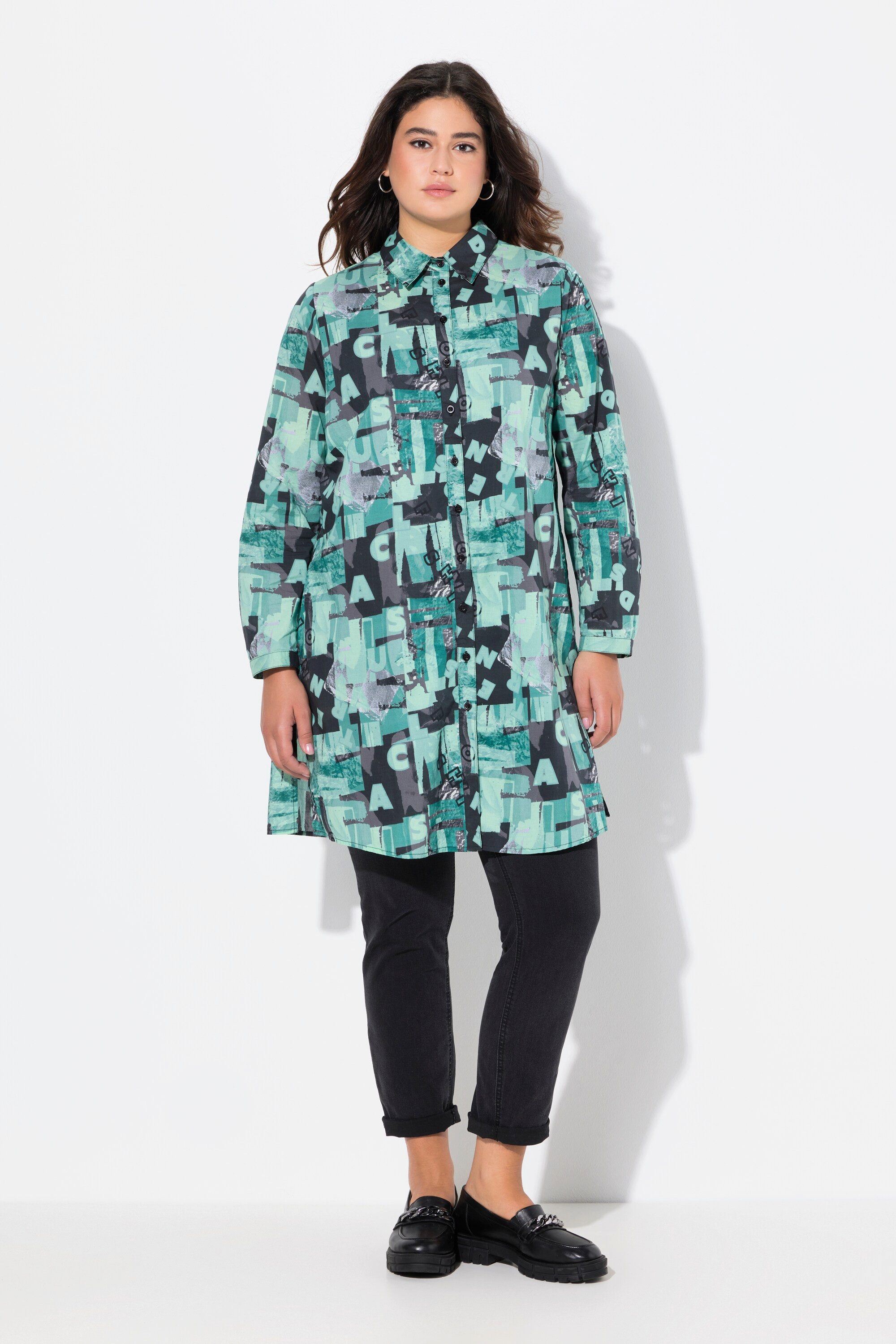 Longbluse Longbluse A-Linie Hemdkragen Langarm