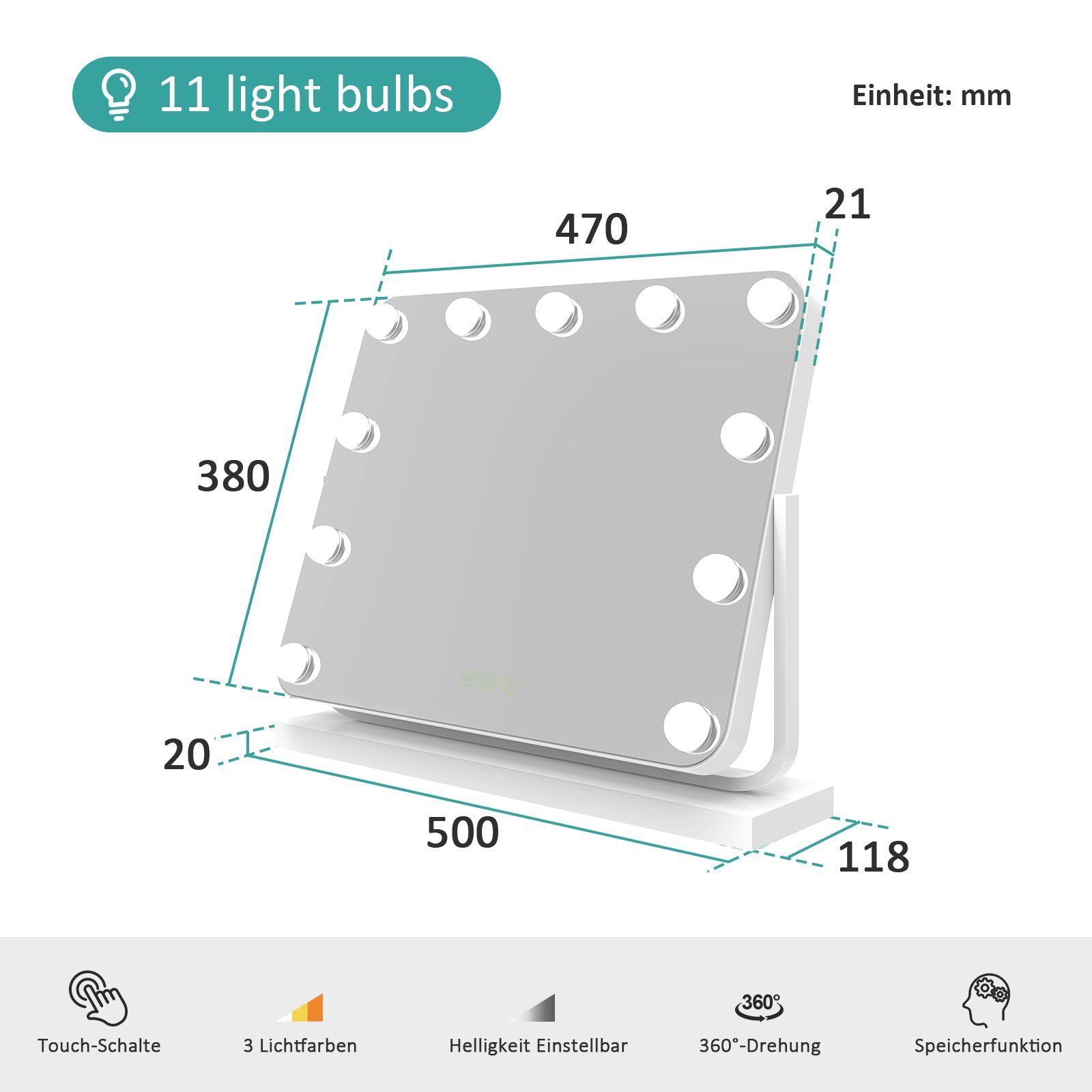 Tischspiegel, Farbe Licht,Dimmbar,Speicherfunktion,7 mit x ° Vergrößerungsspiegel Weiß Drehbar 3 Beleuchtung Kosmetikspiegel EMKE Hollywood 360 Spiegel