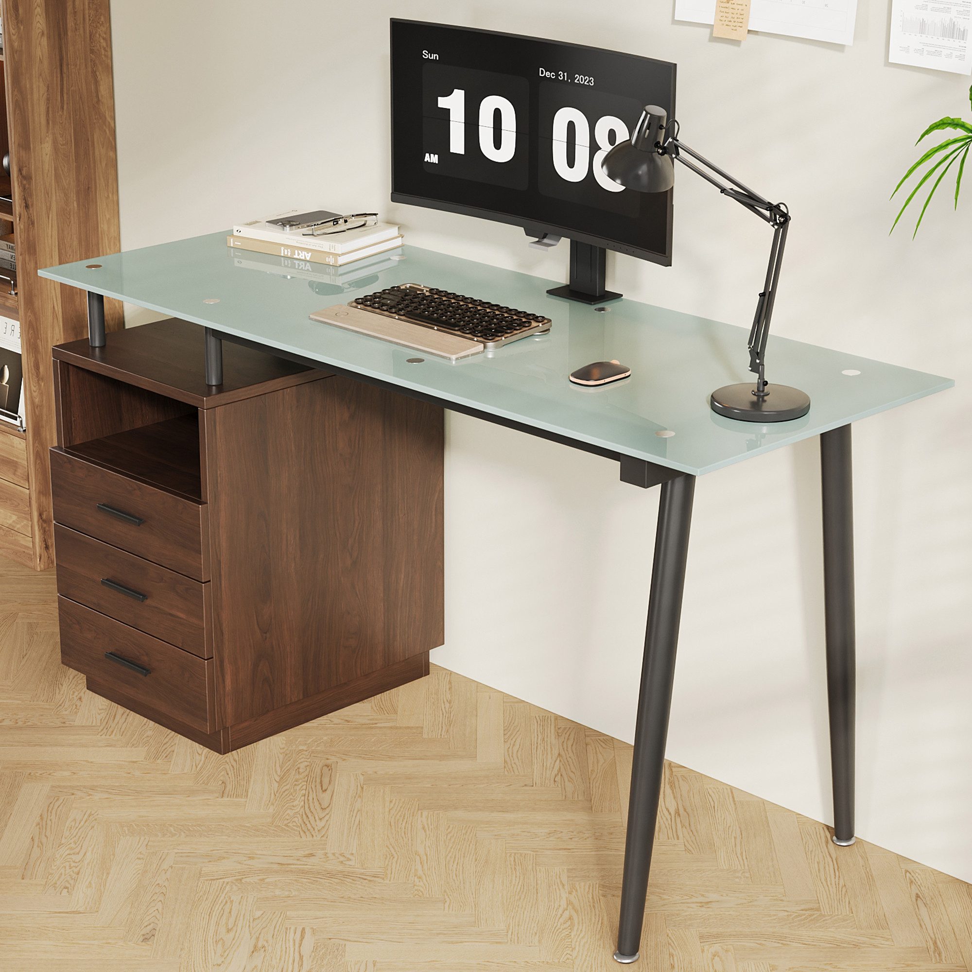 Merax Schreibtisch Moderner Computertisch 130x50x75cm, mit 3 Schubladen (1-St., Glasplatte gehärtet, Stahlrohrgestell, offenes Ablagefach), minimalistisch