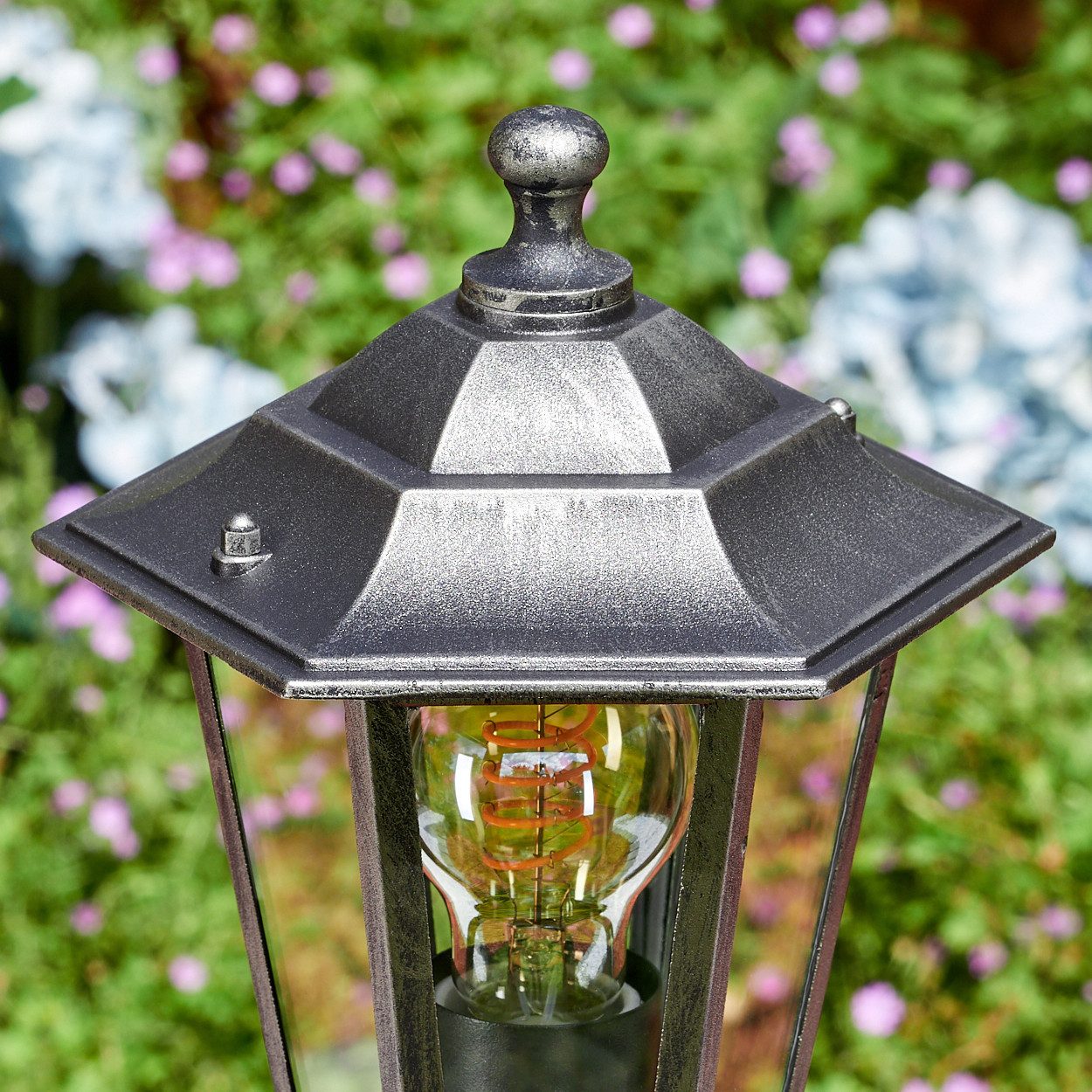 hofstein Pollerleuchte Wegeleuchte m. Bewegungsmelder aus Metall/Glas in Schwarz-Silber/Klar, ohne Leuchtmittel, antike Außenleuchte, Gartenlampe, Gartenbeleuchtung IP44, 1 x E27
