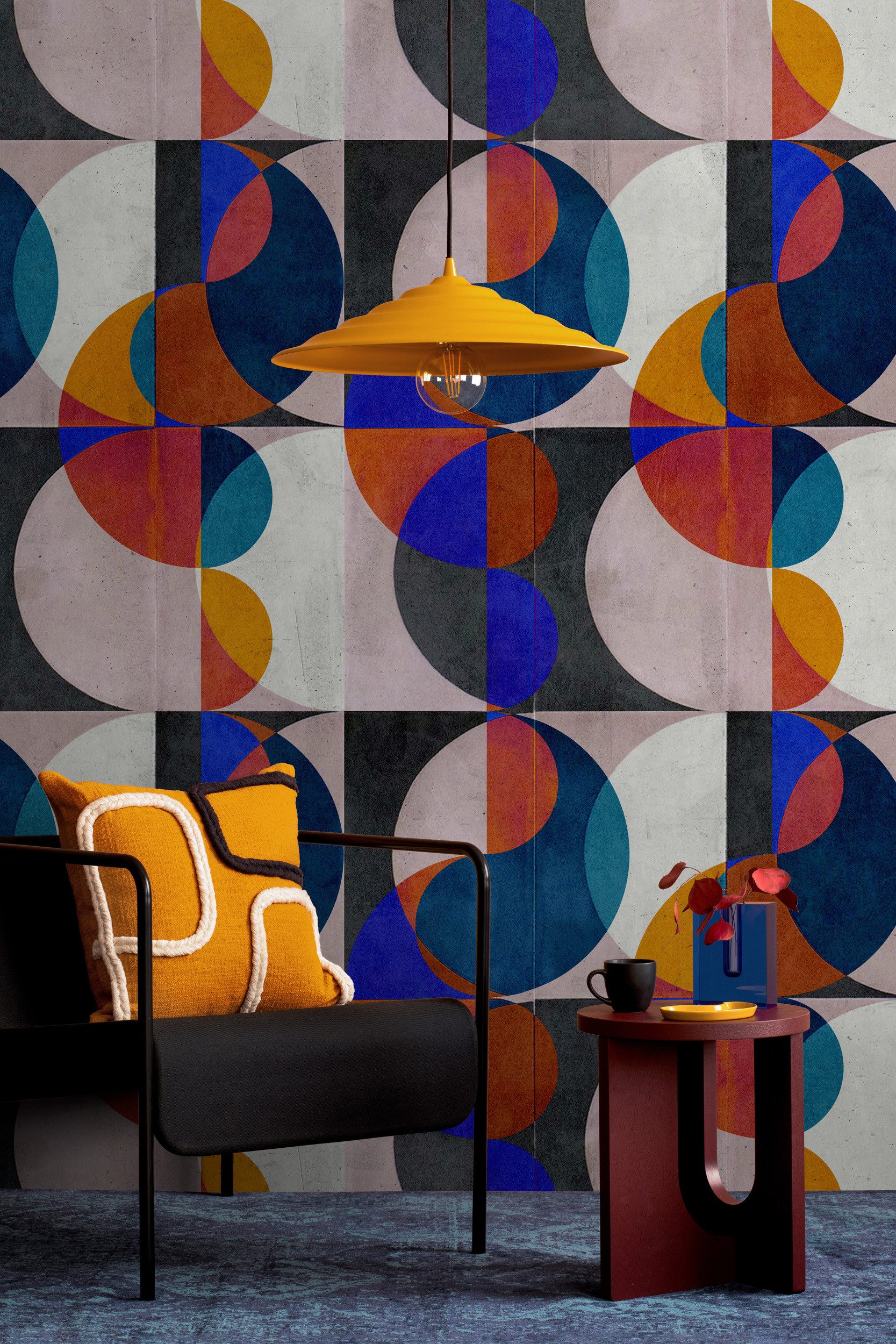 living walls Vliestapete Geometrische Retro-Tapete Bunt Blau Orange, glatt, matt, (1 St)