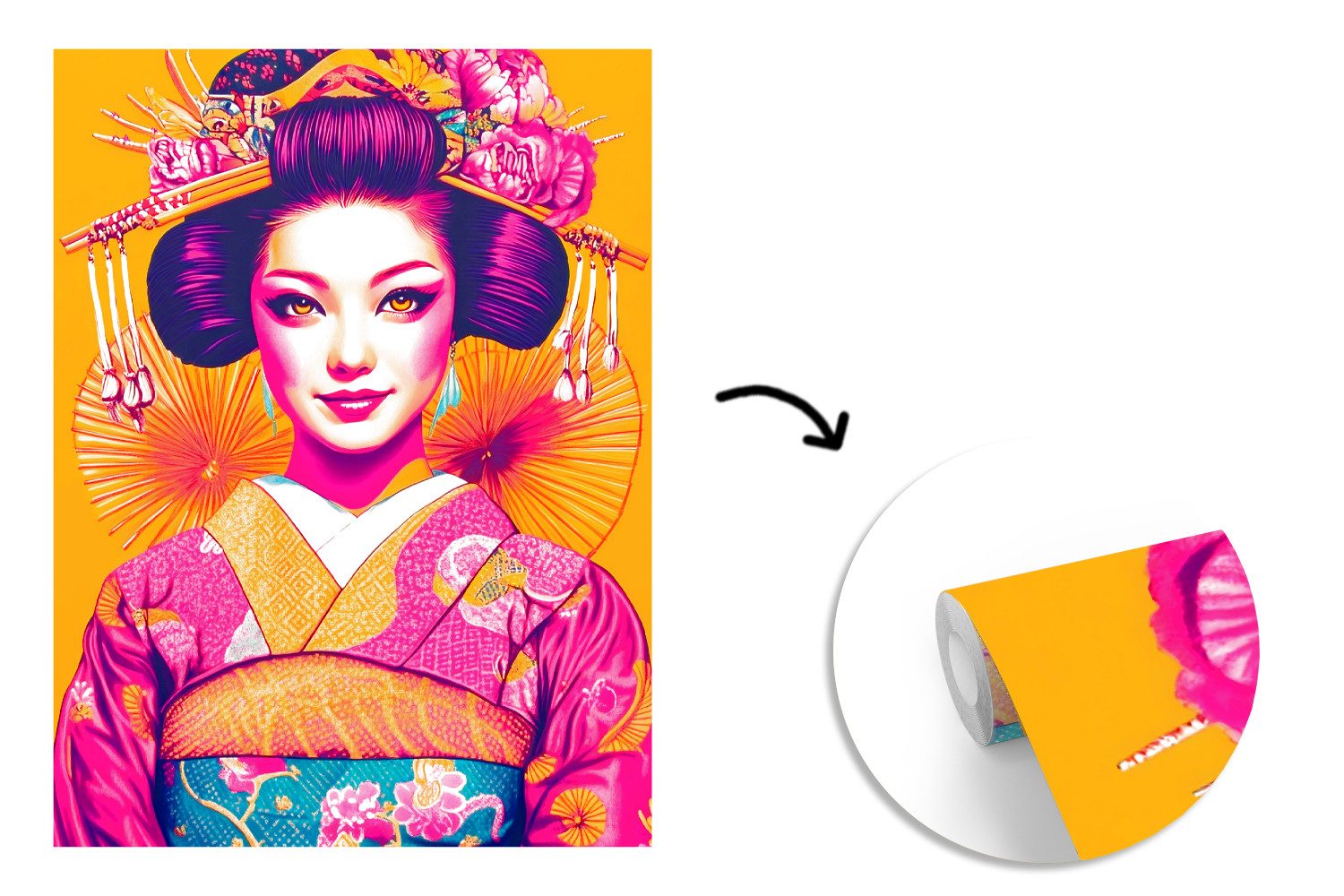 MuchoWow Fototapete Blumen - Frau - Kimono - Rosa, Matt, bedruckt, Wallpaper für Wohnzimmer, Schlafzimmer, Vinyl Tapete, 195x260 cm