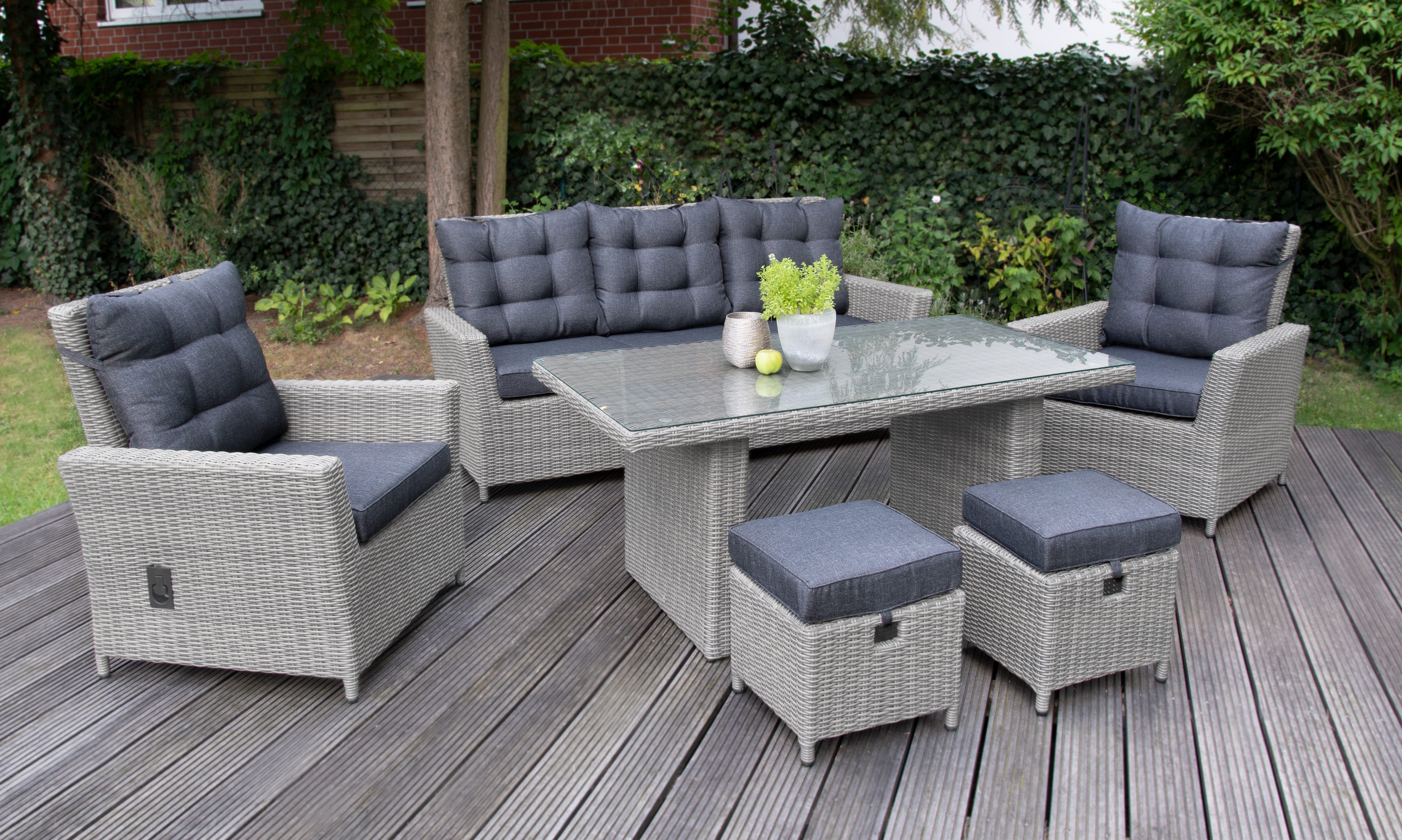 bellavista - Home&Garden® Gartenlounge-Set Dininglounge-Set Asti 7-Personen Polyrattan grau mit Tisch, (19-tlg), Aluminium Rattanlounge, stufenlos verstellbare Rückenlehnen