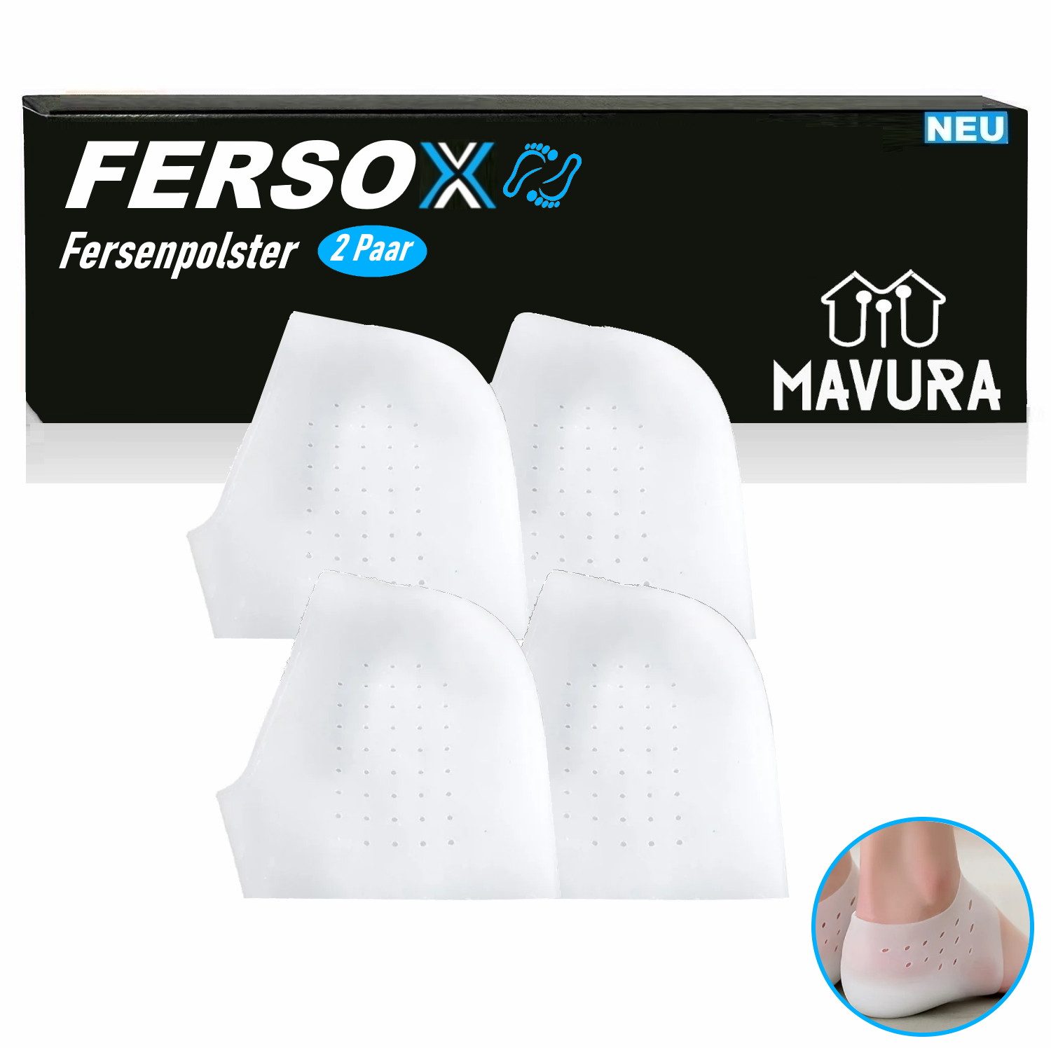 MAVURA Fersenpolster FERSOX HeelCups Fersenpolster Fersenkissen Fersenschutz, Silikon Fersensocken Fersen Pads Socken [2paar]