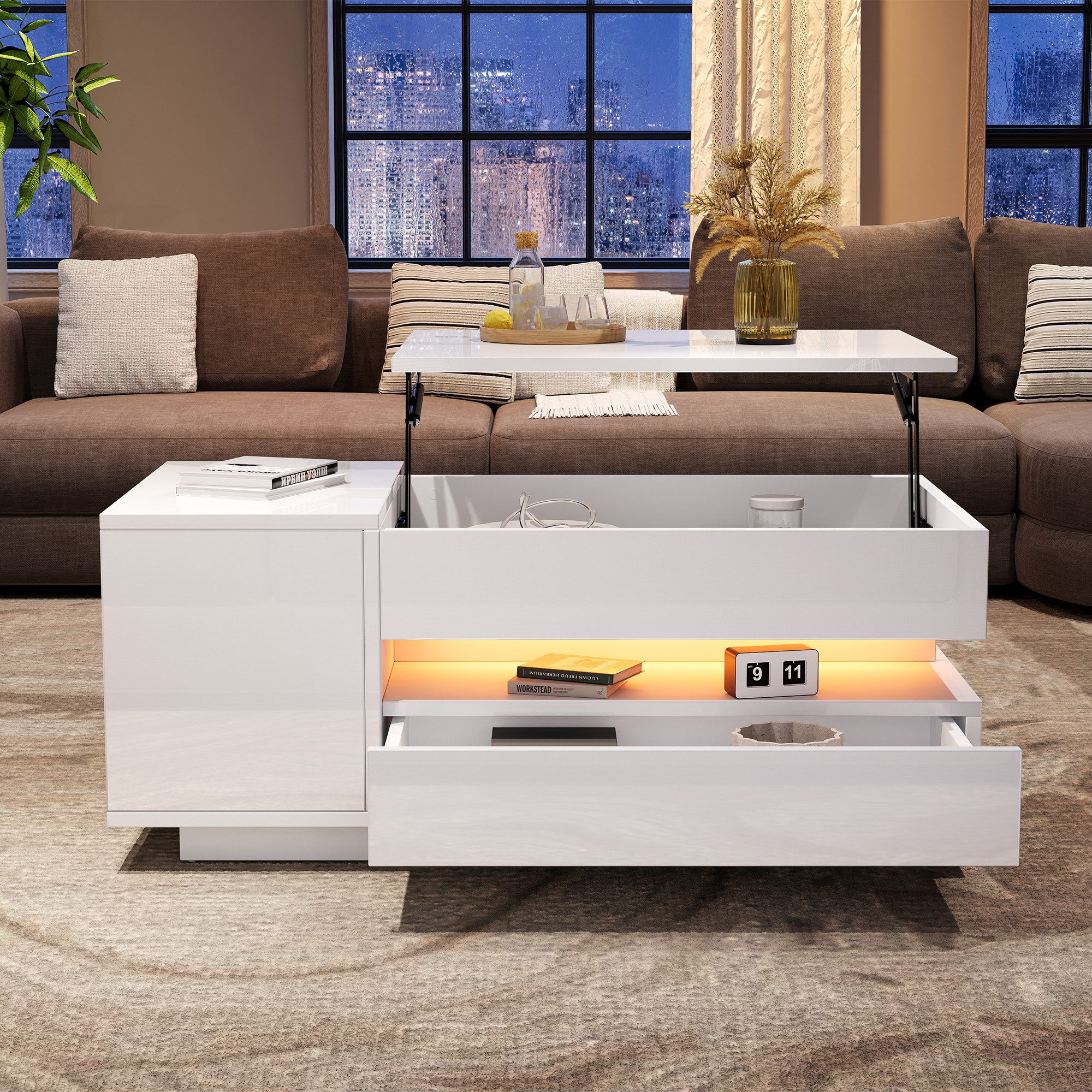 Merax Couchtisch anhebbarer Sofatisch hochglanz Beistelltisch mit LED-Beleu günstig online kaufen