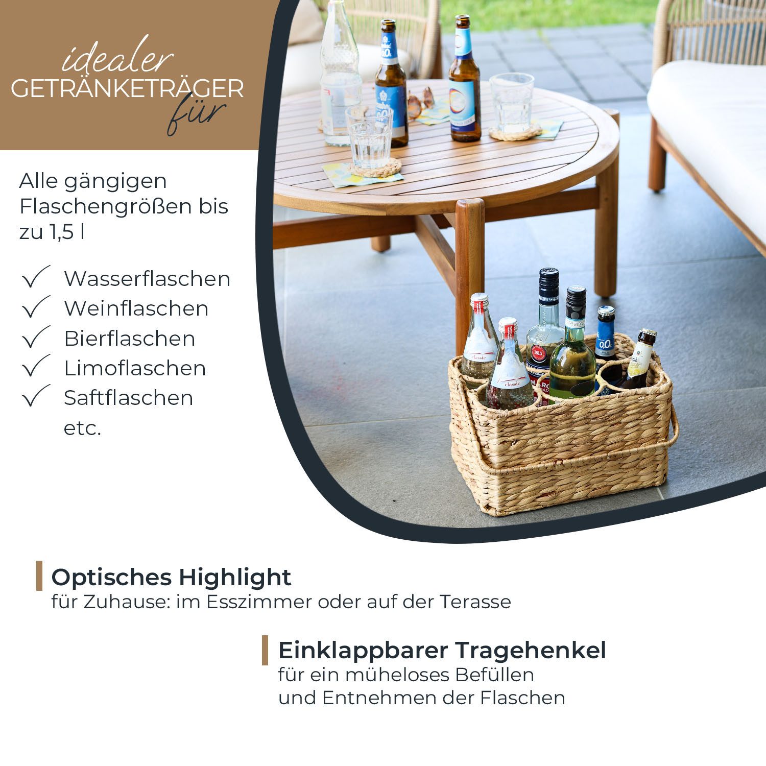 HMF Flaschenträger Flaschenträger für 6 Flaschen, Flaschenkorb geflochten aus Wasserhyazinthe, 32 x 22 x 18 cm