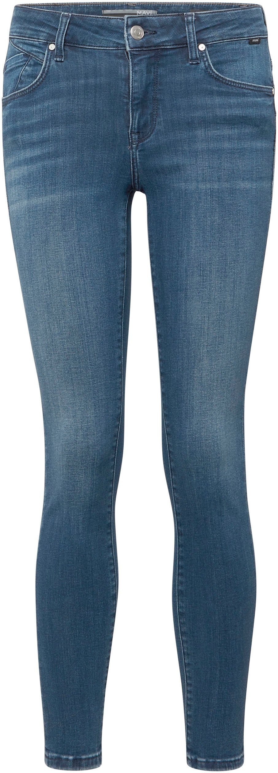 Sitz Skinny-fit-Jeans dark perfekten Mavi blue den Stretch mit für ADRIANA brushed