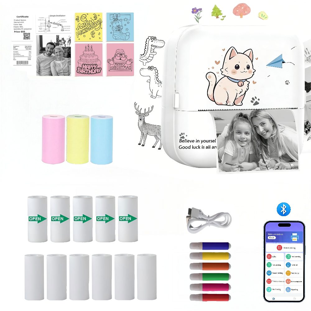 ibettertec Thermodrucker,Bluetooth Etikettendrucker,Fotodrucker 14 Rollen Papier Etikettendrucker, (für iOS/Android, für Geschenke, Studiennotizen, Anatomische Diagramme, Fotos, ohne Tinte, tragbarer Aufkleber Drucker mit 14 Rollen Papier und 6 Bunte)