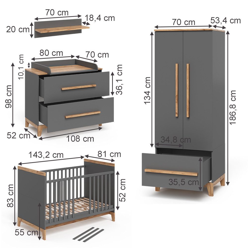 VitaliSpa® Babymöbel-Set Malia, Grau/Eiche/Eiche, 4er Set, (5-tlg., 5-er Set)