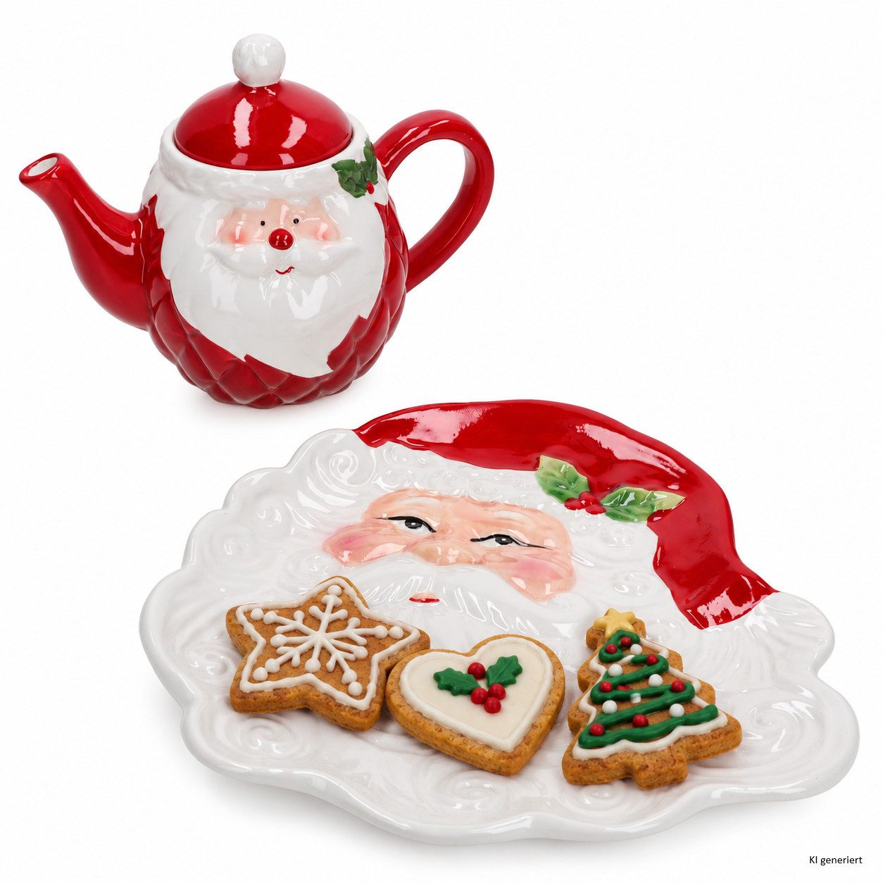 MamboCat Servierplatte 2tlg Set Santa Kanne mit Deckel 740ml & Gebäckteller Weihnachten Tee, Steingut, Weihnachtsgeschirr, Weihnachten, Weihnachtsset, Geschirr