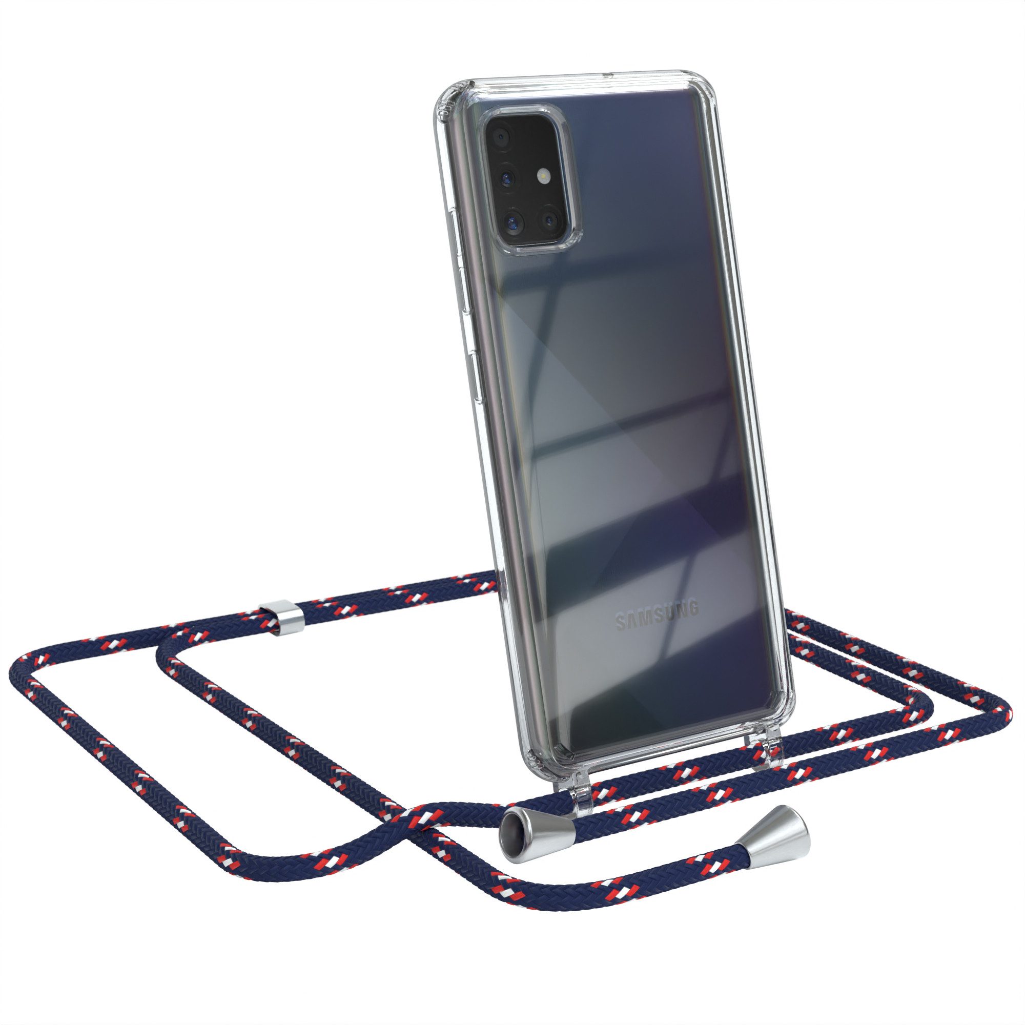 EAZY CASE Handykette Hülle mit Kette für Samsung Galaxy A51 6,5 Zoll, Slimcover Handykette Hülle Cross Bag für Smartphone Blau Camouflage