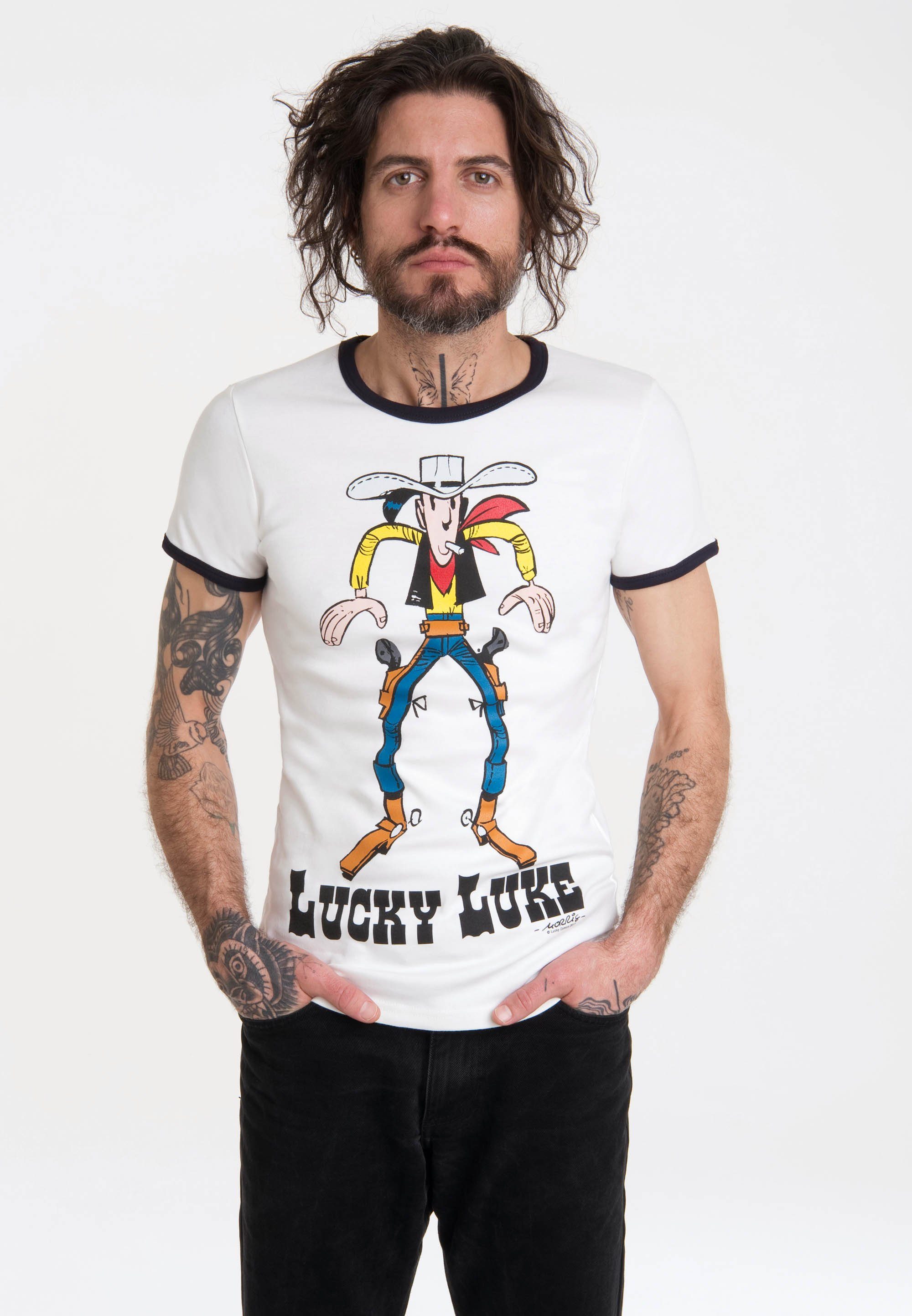 LOGOSHIRT T-Shirt Lucky Luke mit farblich abgesetzten Bündchen weiß-dunkelblau