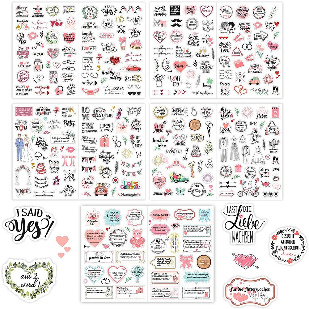 zggzerg Aufkleber Hochzeits Gästebuch Sticker(5Bögen, 266 Motive), Wedding Deko mit Herz, (5tlg), Vintage Aufkleber Set Hochzeit in Deutsch für Fotoalbum mit viel Liebe