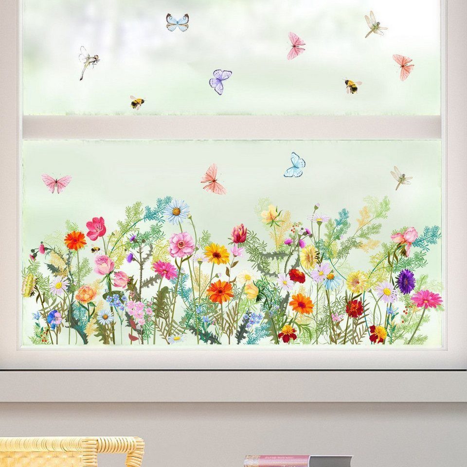 FOUORTUNATE-BEE Fenstersticker Blumen & Schmetterlinge Wandsticker für Fenster und Wand, 1 Stück, Fenster- und Wandsticker mit Blumen- und Schmetterlingsmotiv