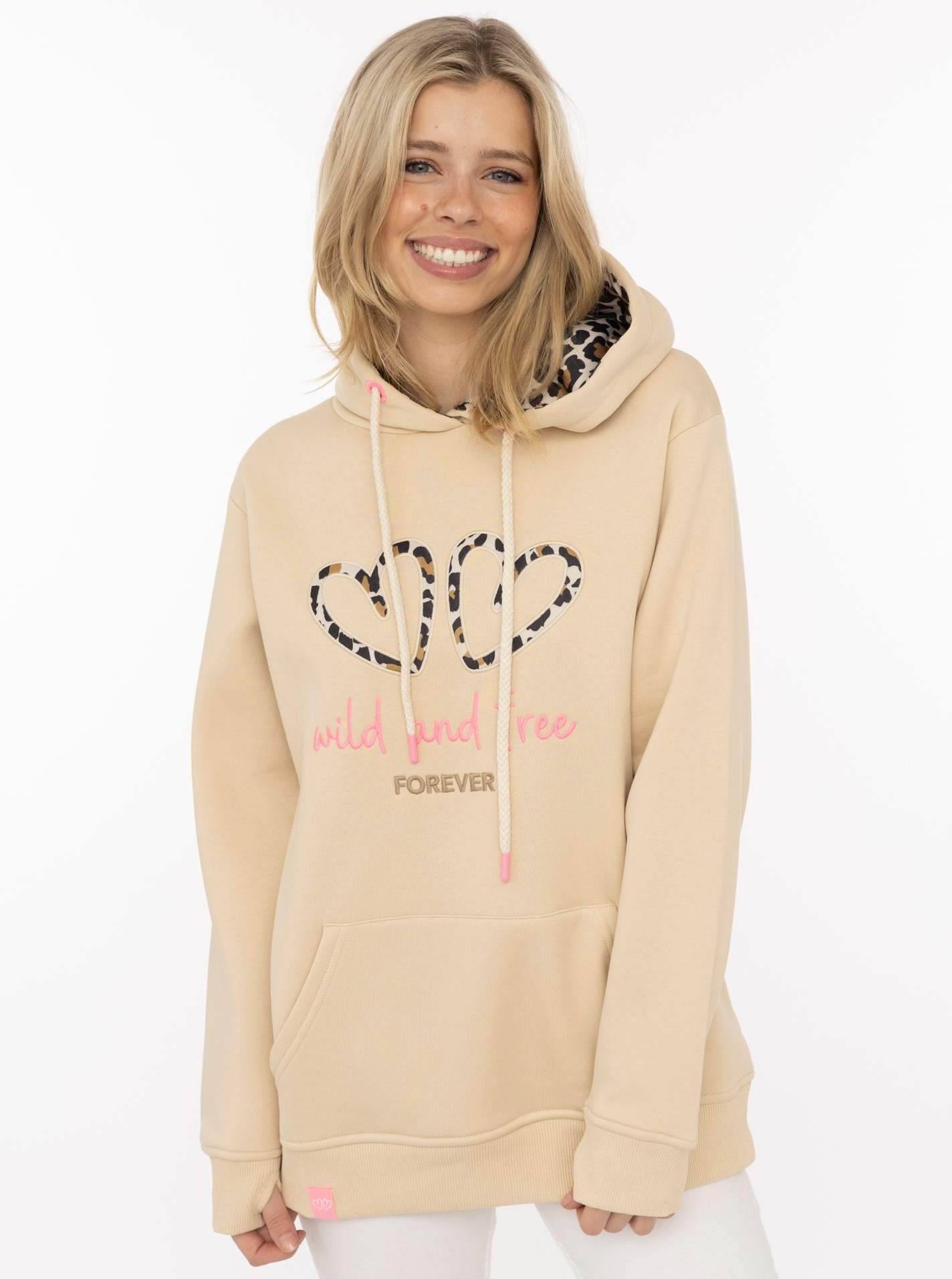 Zwillingsherz Hoodie "FOREVER wild" zwei gestickte Herzmotive, Leo-Design, Kapuze, Kängurutasche