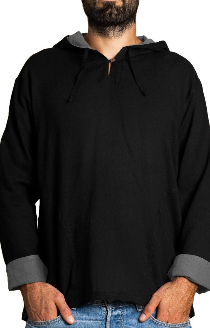 PANASIAM Kurzarmhemd Herren Hoodie mit Kapuze zweifarbig Fischerhemd aus 100% Baumwolle Kapuzenshirt mit Taschen bis Gr. XXL Fisherman Shirt Langarmhemd