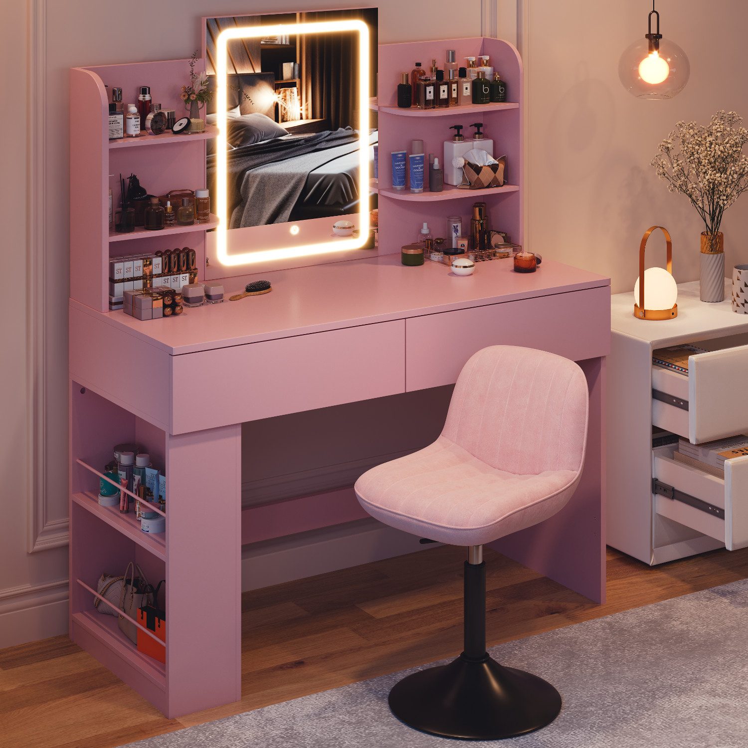 HOMALL Schminktisch Set aus Schminktisch und Hocker, mit einstellbarer Helligkeit (Maße: 90/110 × 40 × 135 cm, LED-Beleuchtung, 8 offene Fächer + 2 Schubladen, Seitenteile nach links oder rechts austauschbar, für eine bessere Raumnutzung)