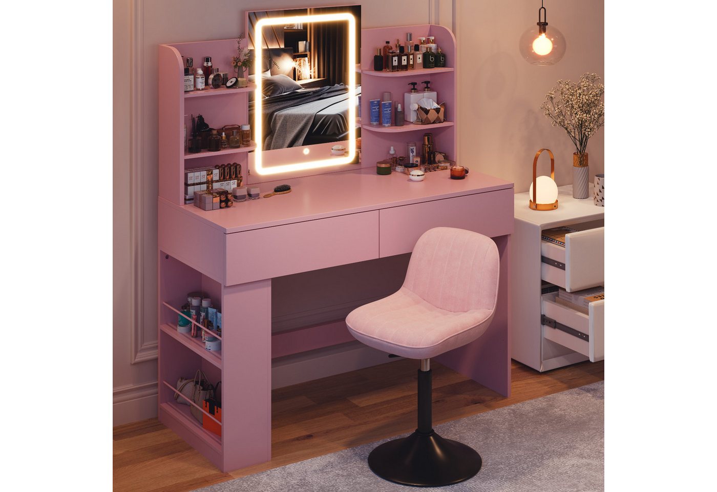 HOMALL Schminktisch Set aus Schminktisch und Hocker, mit einstellbarer Helligkeit (Maße: 90/110 × 40 × 135 cm, LED-Beleuchtung, 8 offene Fächer + 2 Schubladen, Seitenteile nach links oder rechts austauschbar, für eine bessere Raumnutzung)
