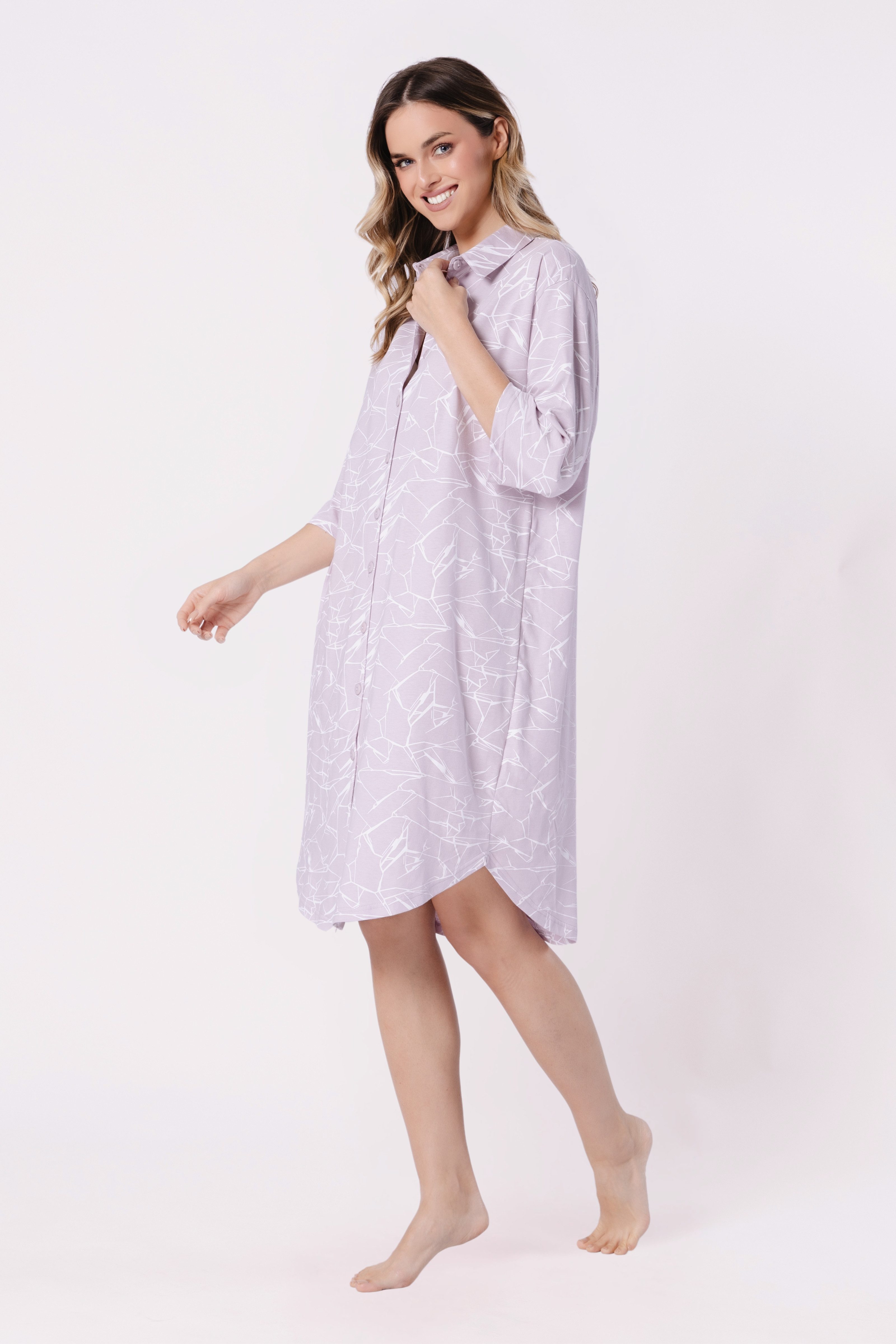 COOLISMO NIGHTWEAR Nachthemd in sanften Lavendel-Ton mit Hemdkragen elegantes Damen Schlaf-Shirt knielang, 100% Baumwolle, mit Knöpfen