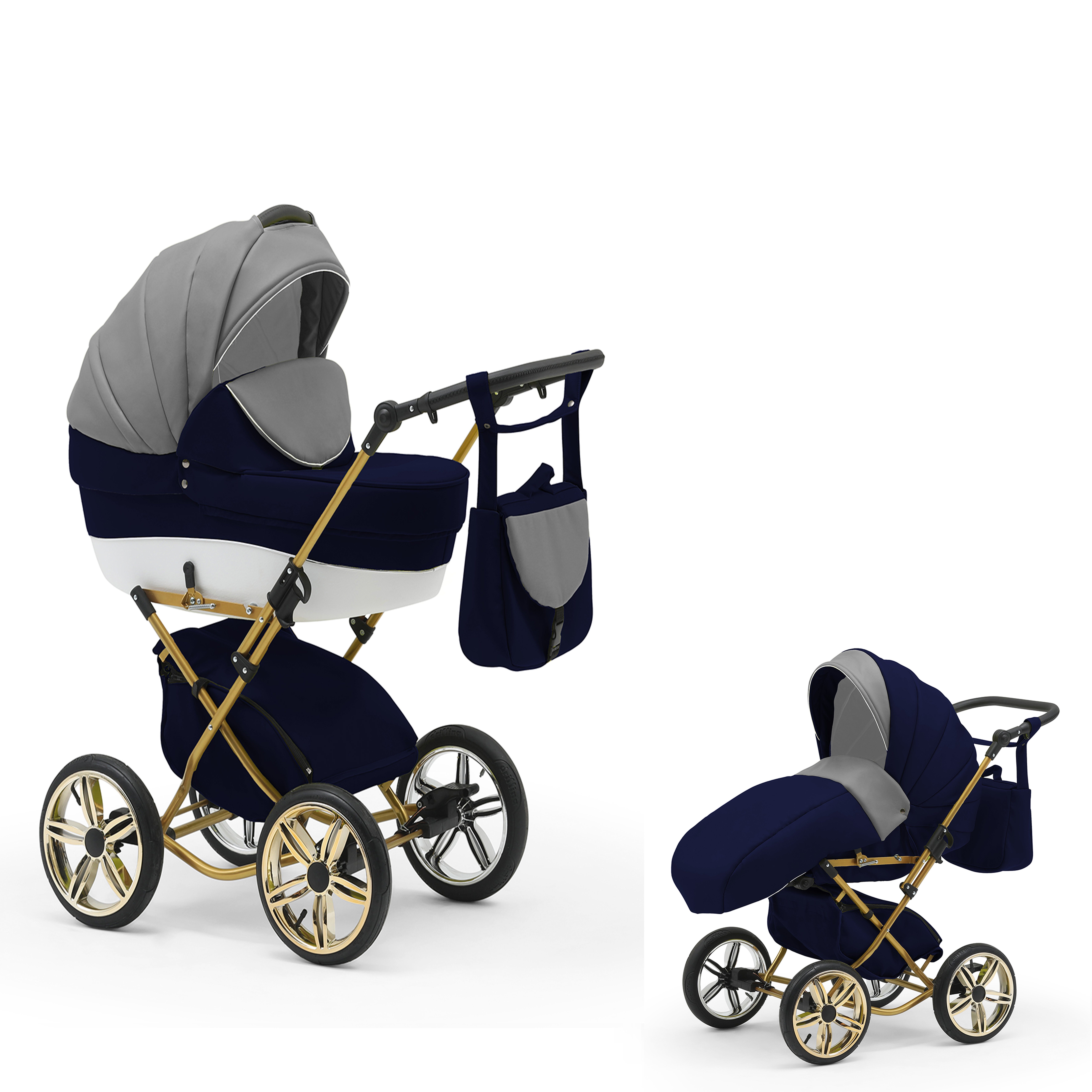 babies-on-wheels Kombi-Kinderwagen Sorento 2 in 1 - 11 Teile - von Geburt bis 4 Jahre in 30 Designs Grau-Navy-Weiß