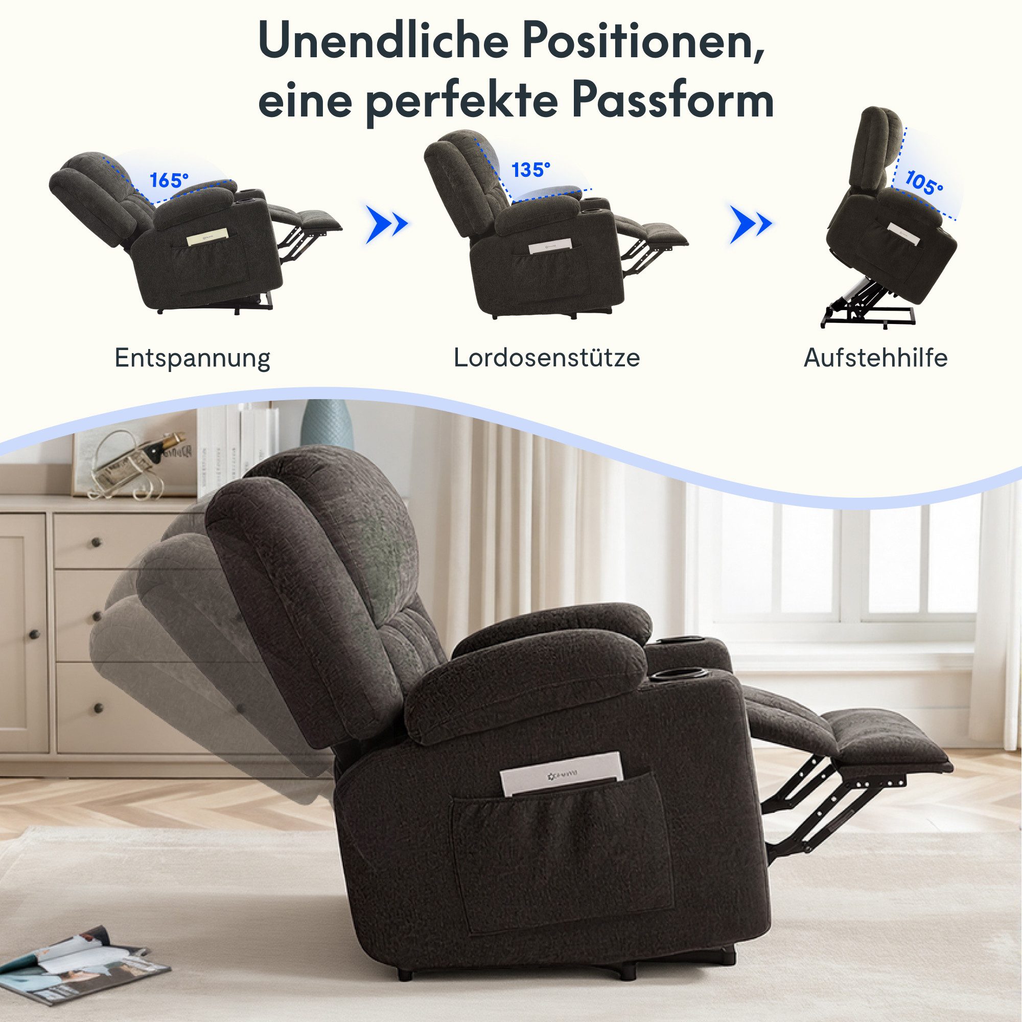 FLEXISPOT Relaxsessel Elektrischer Relaxsessel mit Aufstehhilfe, Massage- und Liegefunktion (mit Heizfunktion, 8-Punkt-Massage, USB-/Type-C-Anschluss, 2 Seitentaschen, 2 integrierte Getränkehalter, 105°-165° verstellbar), belastbar bis 200 kg, XL6