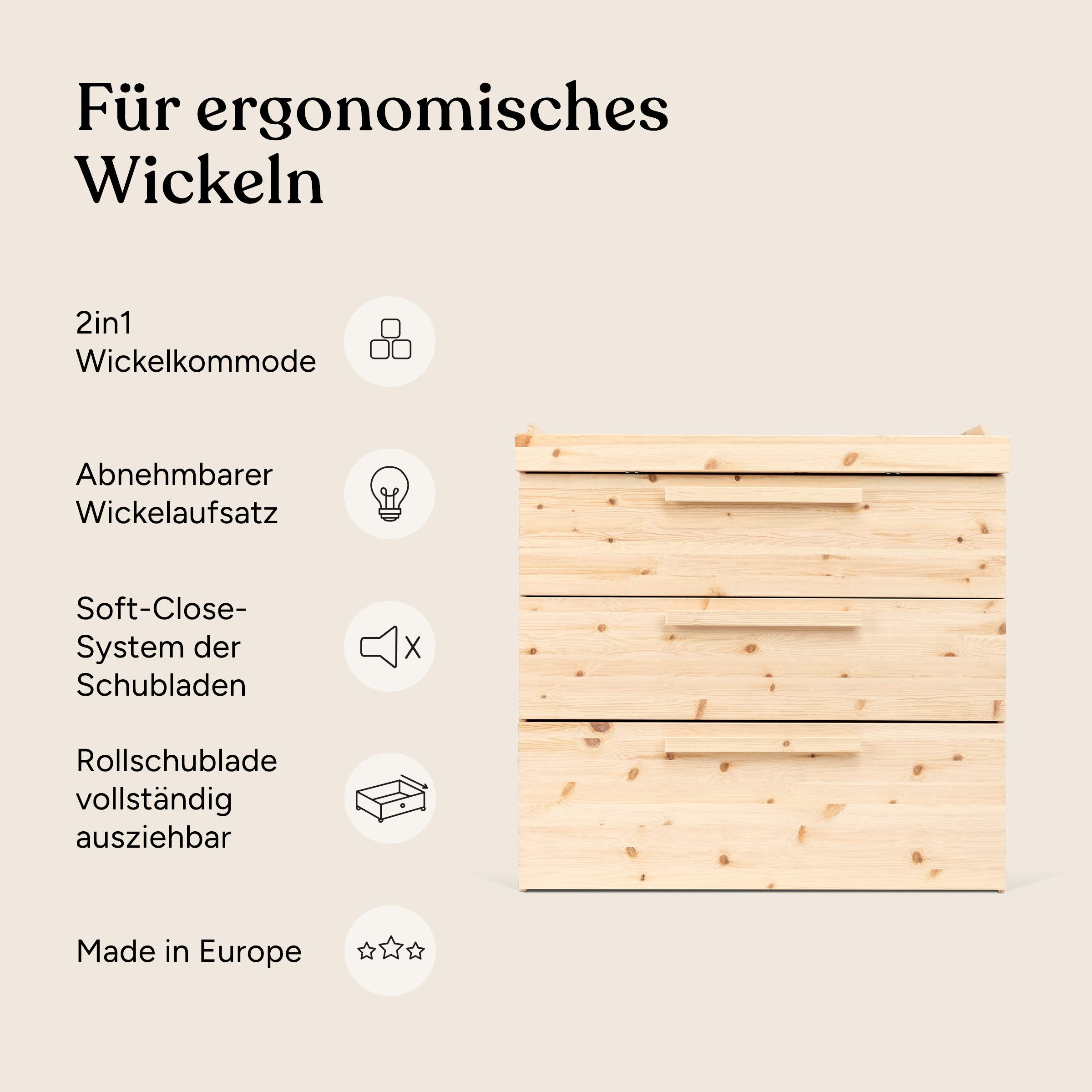 Ehrenkind Wickelkommode Linia mit abnehmbarem Wickelaufsatz aus Kiefer, 2 Schubladen + Rollschublade + Regal, made in Europe