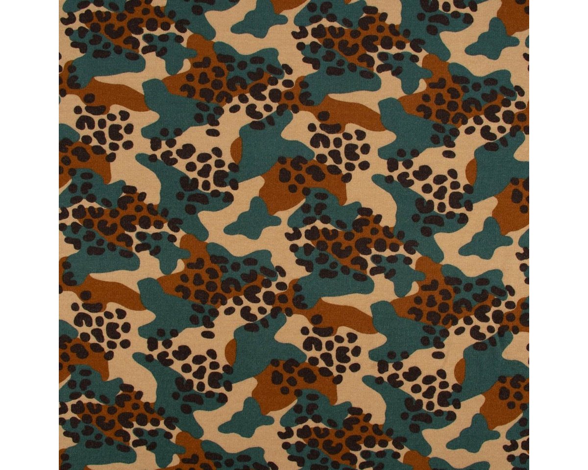 Thumbnail - SCHÖNER LEBEN. Stoff Sweatstoff Bio Soft Sweat dünn Camouflage Leo camel braun dunkelgrün, allergikergeeignet