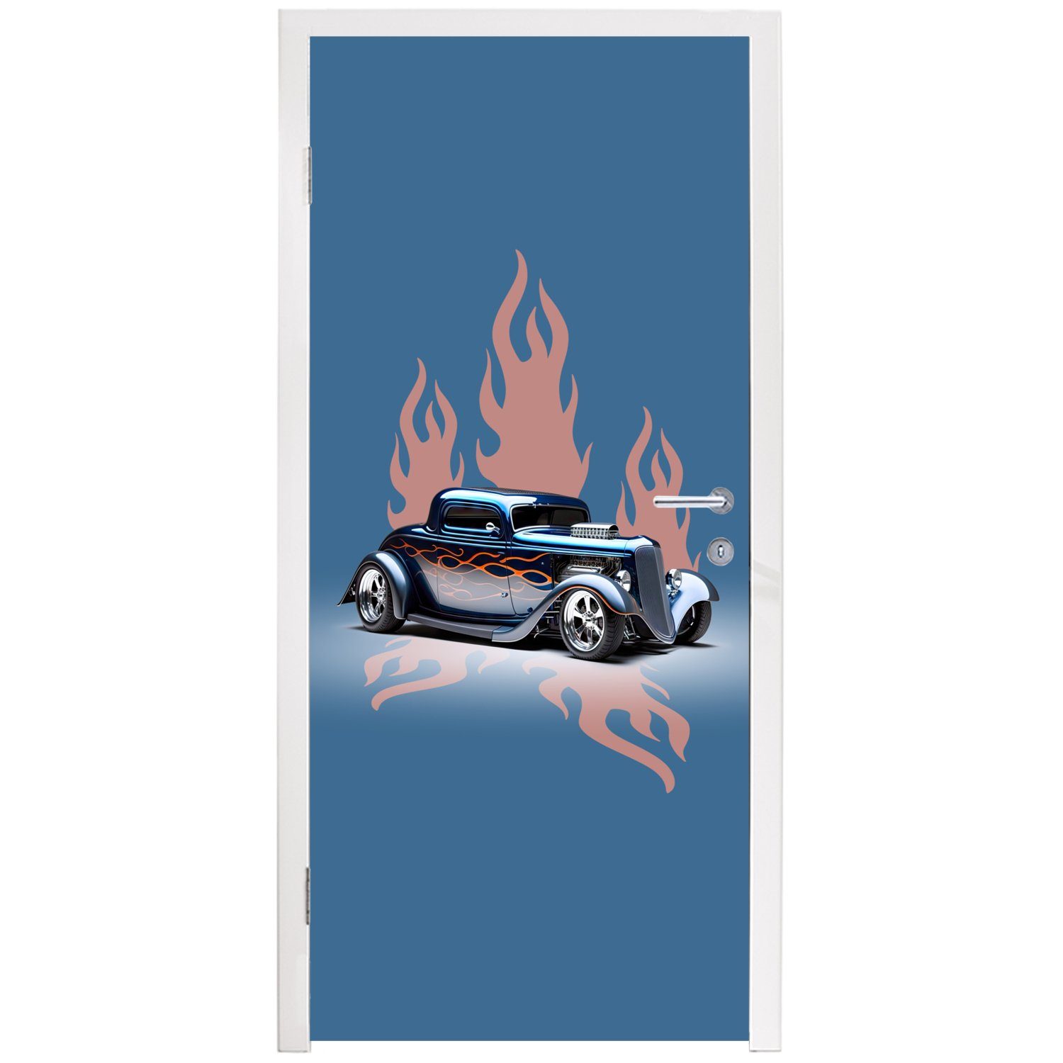 cm - Auto für Vintage, - Flammen bedruckt, - 75x205 (1 St), Türaufkleber, Fototapete Türtapete Blau Tür, MuchoWow Matt,