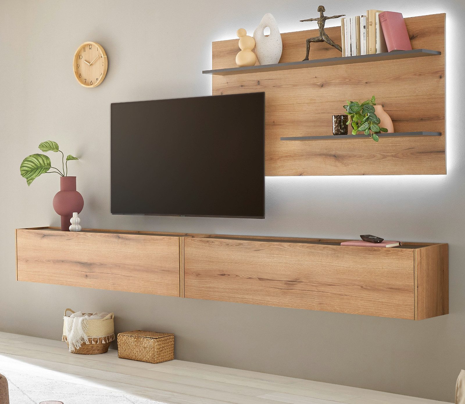 Furn.Design Wohnwand Center, (Kombination in Evoke Eiche mit grau, Breite 300 cm), mit XXL TV Lowboard