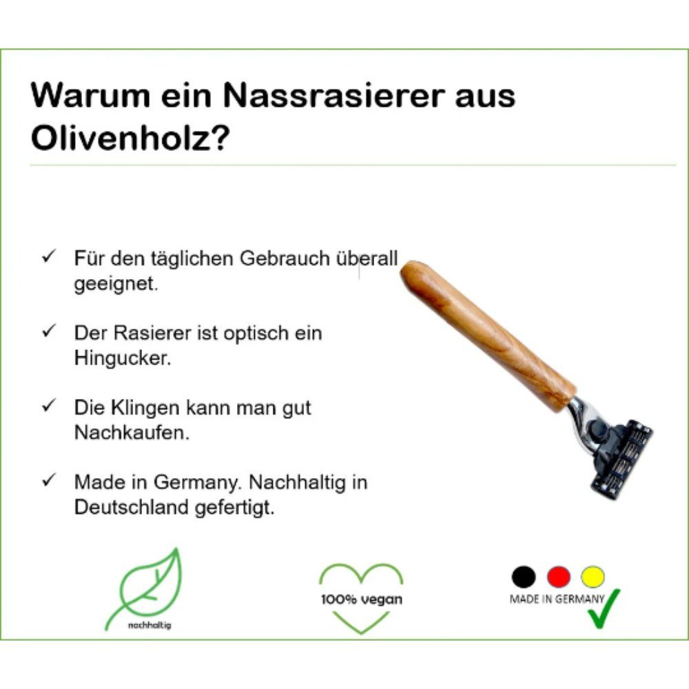 dekorativ, ein Olivenholzgriff „Watzmann“ M3, Olivenholz-erleben Nassrasierer Unikat 1-tlg., mit Jedes Stück Nassrasierer
