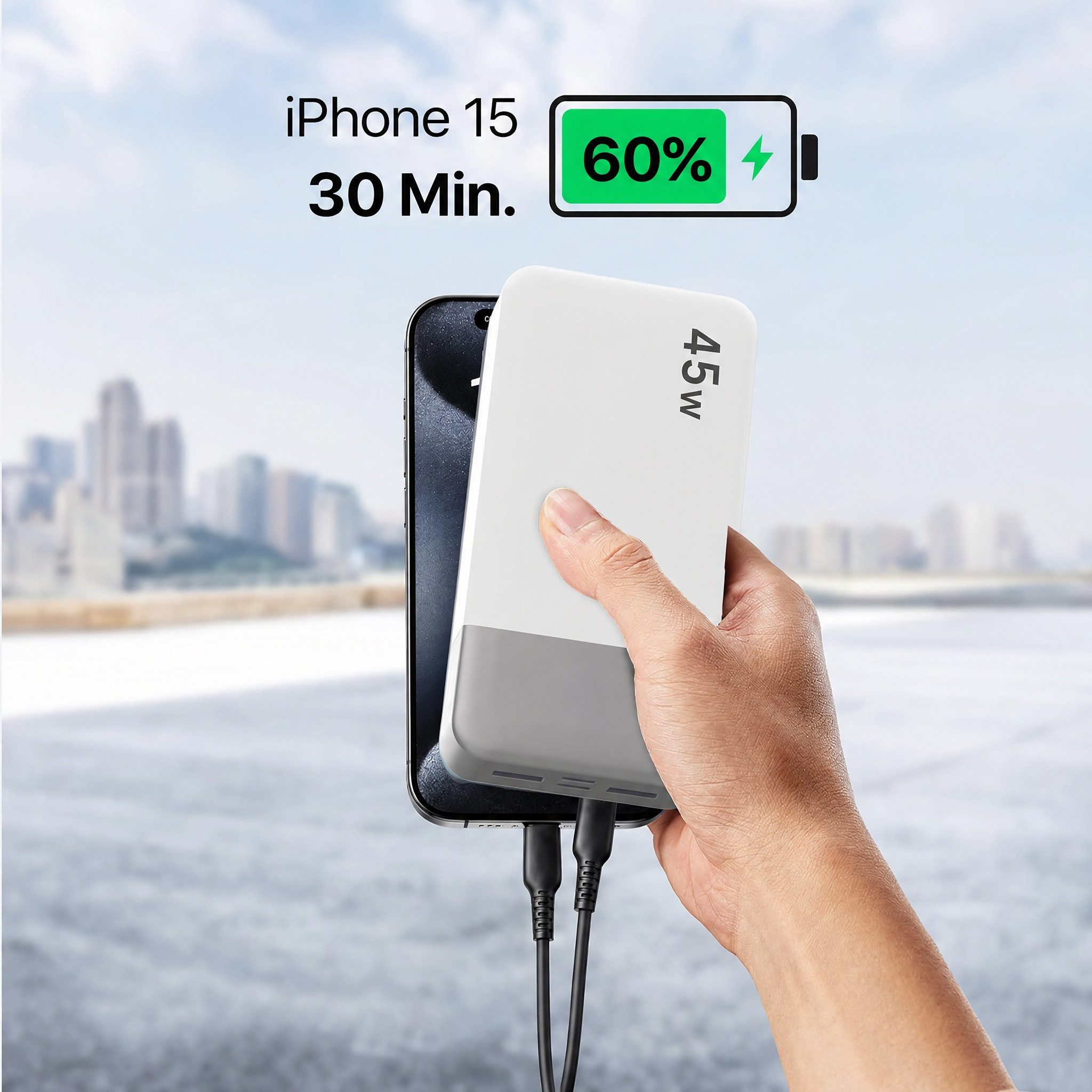 JUOVI Power Bank 45W 20000mAh USB C Schnellladegerät PD QC Fast Charging Powerbank, 4-Port (2C+2A) LED Display, für iPhone 15, iPad, MacBook