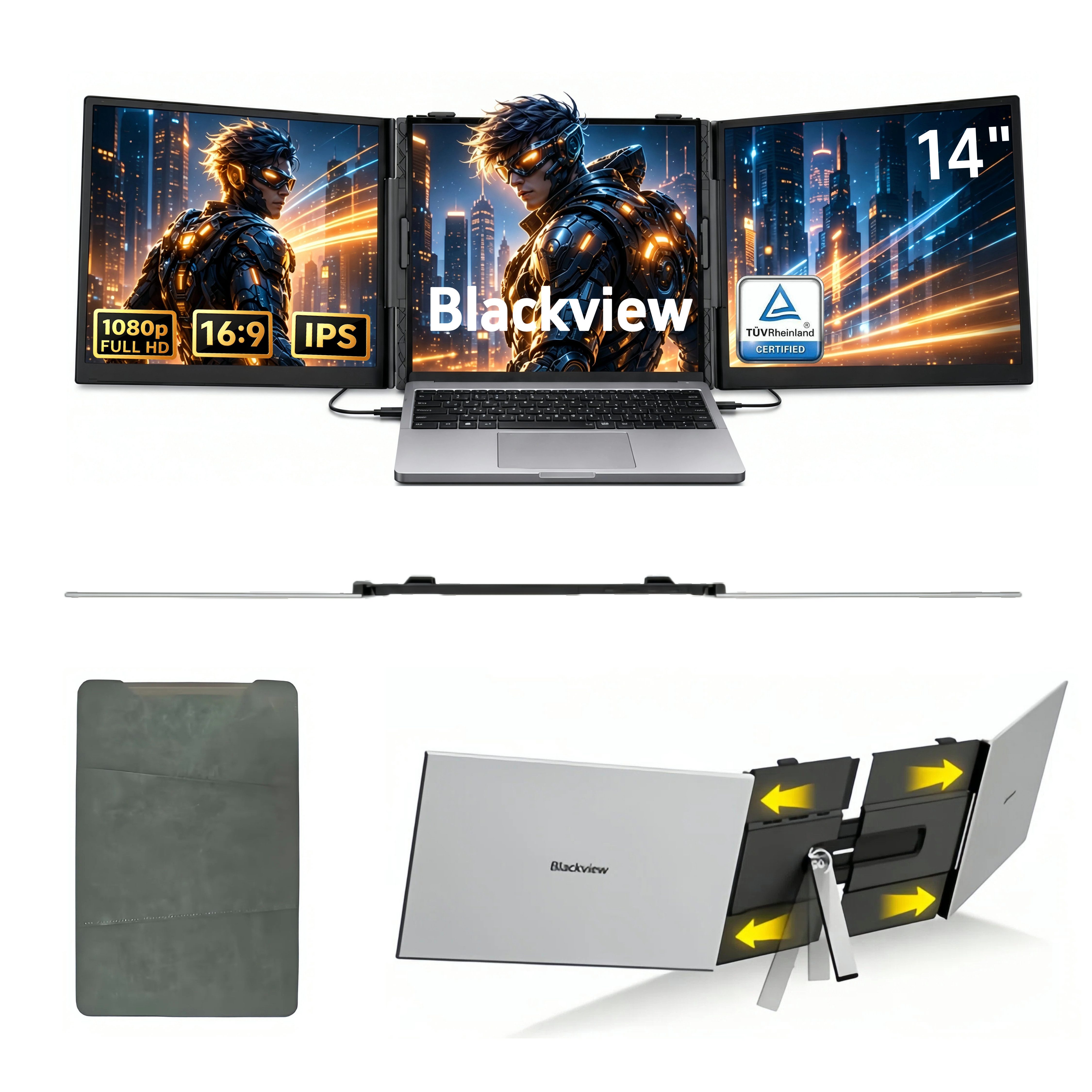 blackview Dual-Screen-Laptop PRO-Bildschirm-Extender Ultra-dünne Gaming Monitor Portabler Monitor (180° Monitor, Für 13"-17" Laptops- Nur ein Kabel für Video & Strom)