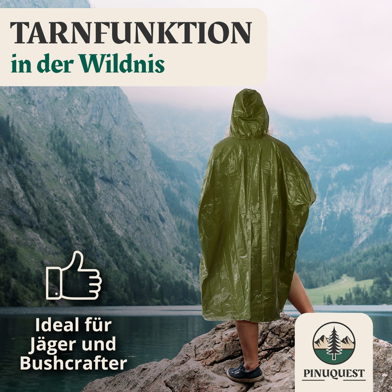 PINUQUEST Regenponcho Notfall-Poncho 26 µm grün (2-St) Poncho für Notfälle, Notponcho Wärmereflexion, wasserdicht winddicht
