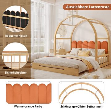 KLAM HOME Massivholzbett Ausziehbarer Bettrahmen Bettgestell aus Holz (Set, 140x100-200cm Holzbett mit Kopfteil und Lattenrost), Einzelbett Doppelbett aus Massivholz für Kinder und Erwachsene