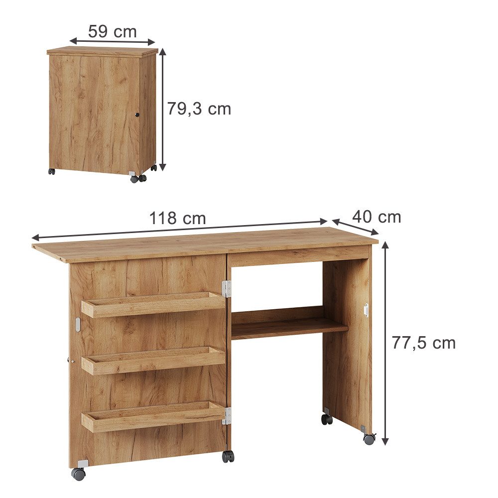 Vicco Schreibtisch Carmen, Eiche, 118 x 77.5 cm mit 3 Regalfächer (1-St)