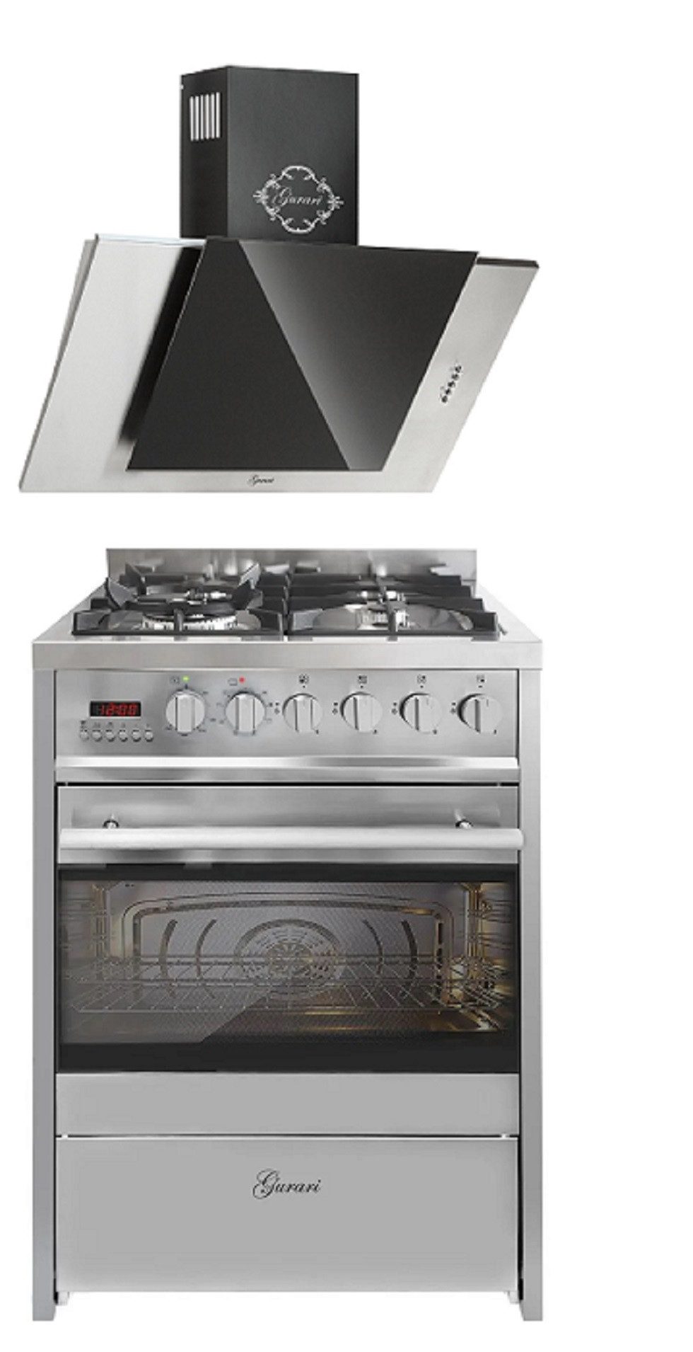 GURARI Gas-Standherd 60 cm Edelstahl Gasherd mit Elektrobackofen 60 L Range Coocker+Dunstabzugshaube 60 cm GCH E 610 X+GCH S 482 60 IS, mit 1-fach-Teleskopauszug