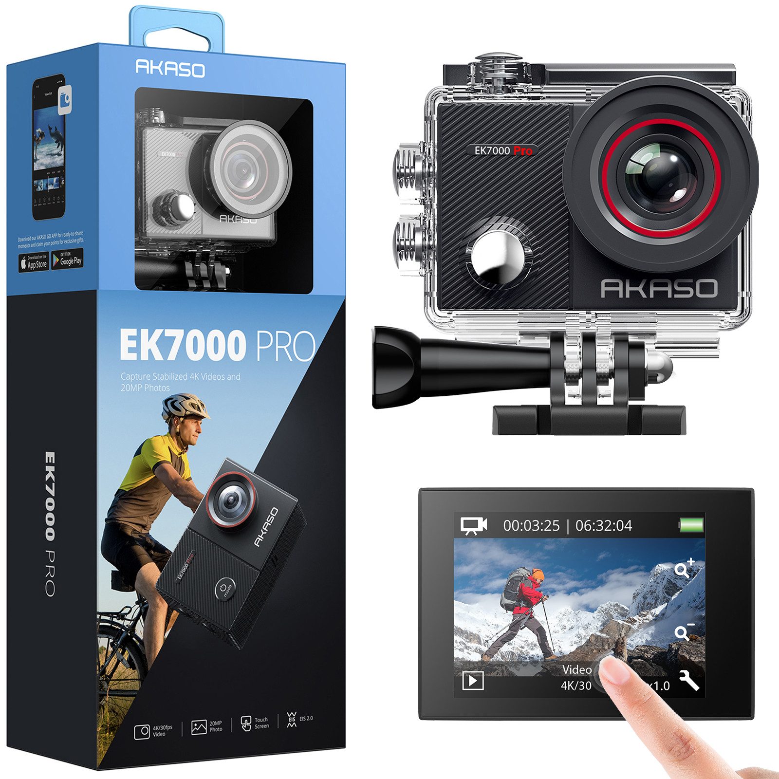 Akaso EK7000 Pro Action Cam (4K Ultra HD, WLAN 2.4 GHz, 4K 20MP WiFi Wasserdicht bis 40m,Ultra HD Touchscreen EIS 2.0)