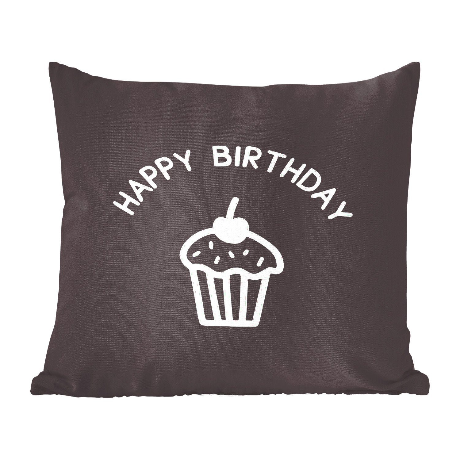 MuchoWow Dekokissen Zitat "Happy Birthday" mit einem Cupcake auf schwarzem Hintergrund, Zierkissen mit Füllung für Wohzimmer, Schlafzimmer, Deko, Sofakissen